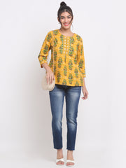 Maluka Women’s Yellow Floral Cotton Top with Pom-Pom Buttons