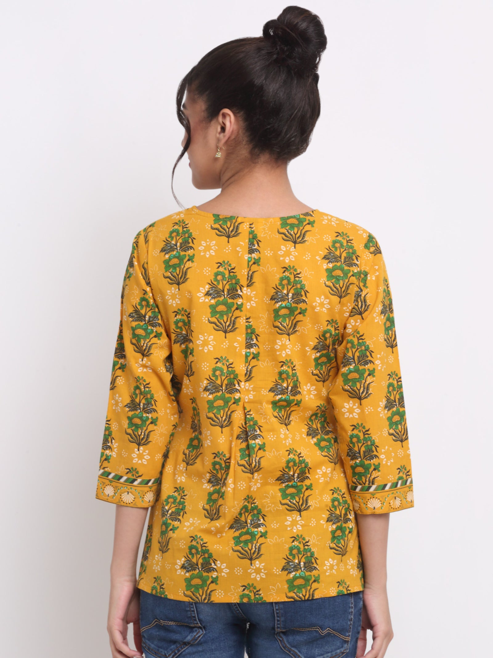 Maluka Women’s Yellow Floral Cotton Top with Pom-Pom Buttons