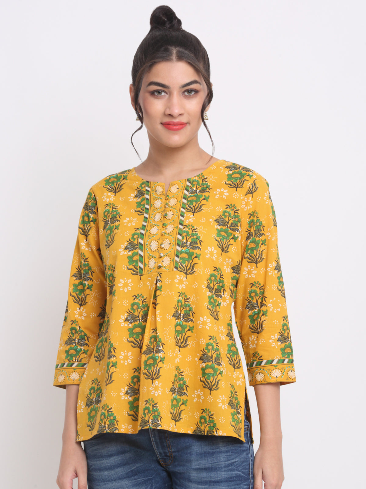 Maluka Women’s Yellow Floral Cotton Top with Pom-Pom Buttons