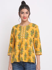 Maluka Women’s Yellow Floral Cotton Top with Pom-Pom Buttons