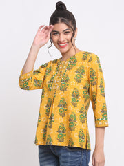 Maluka Women’s Yellow Floral Cotton Top with Pom-Pom Buttons