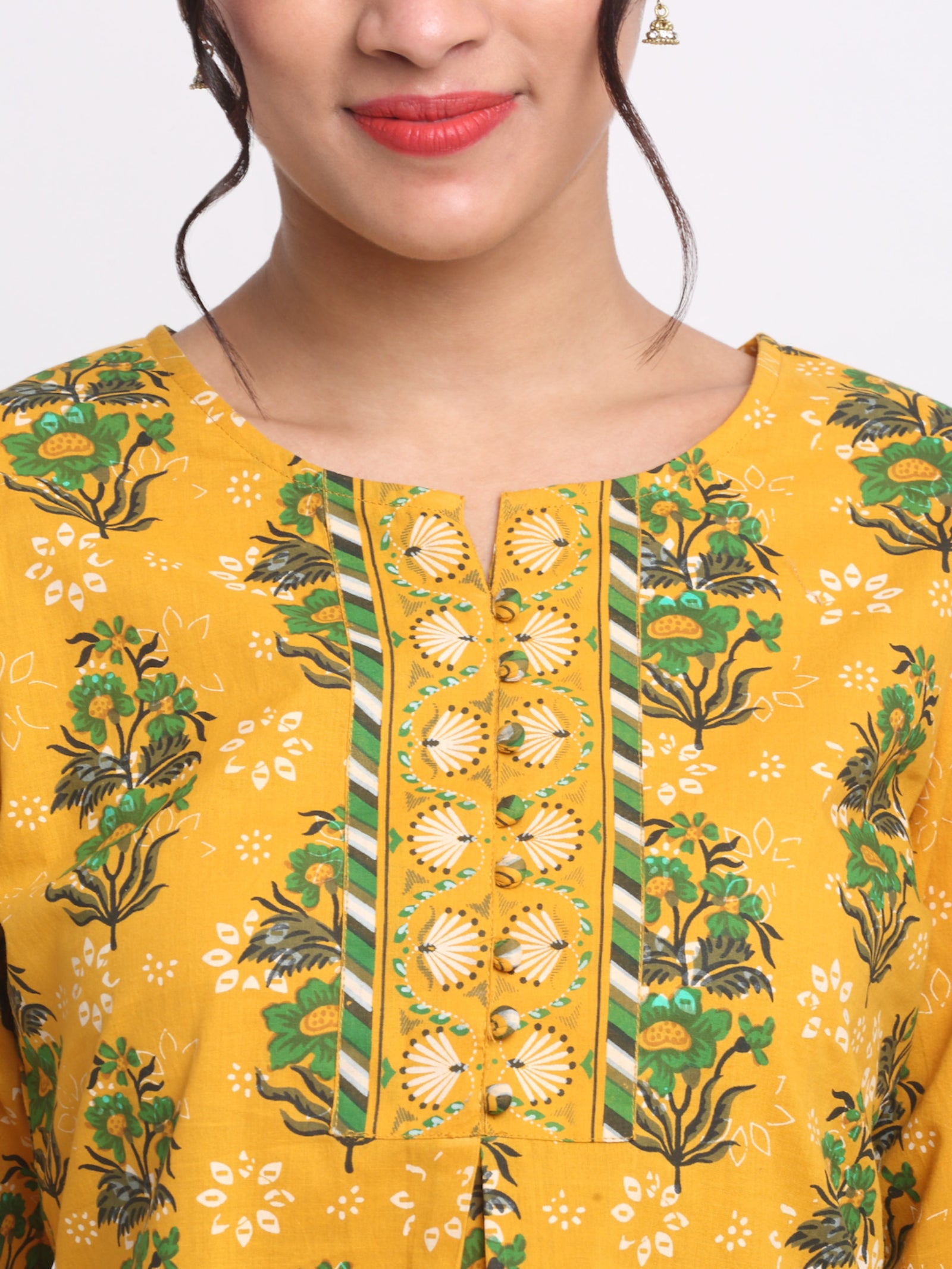 Maluka Women’s Yellow Floral Cotton Top with Pom-Pom Buttons