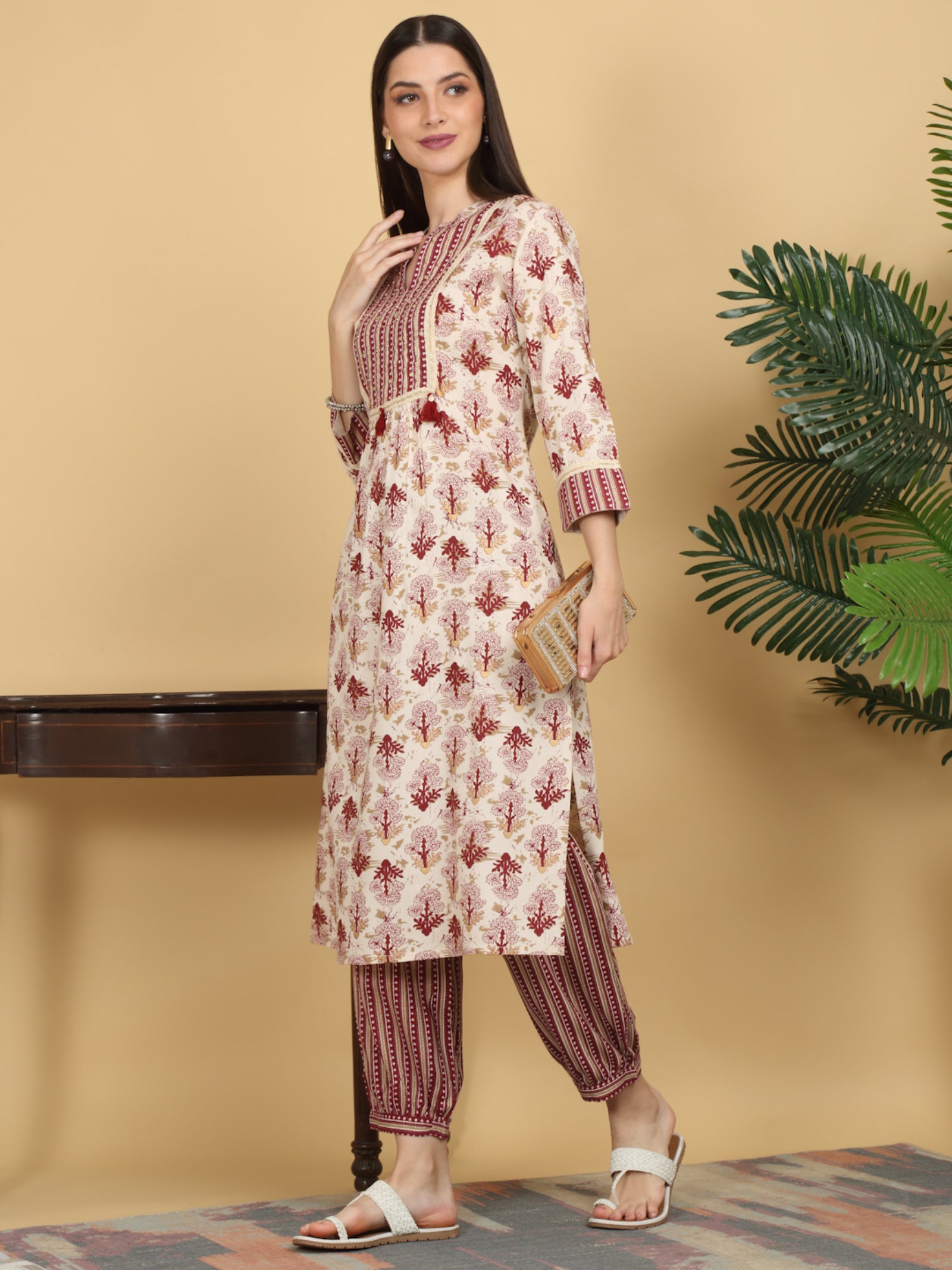 Maluka Women’s Beige Floral Gold Print Rayon Kurta Pant Set with Tassels