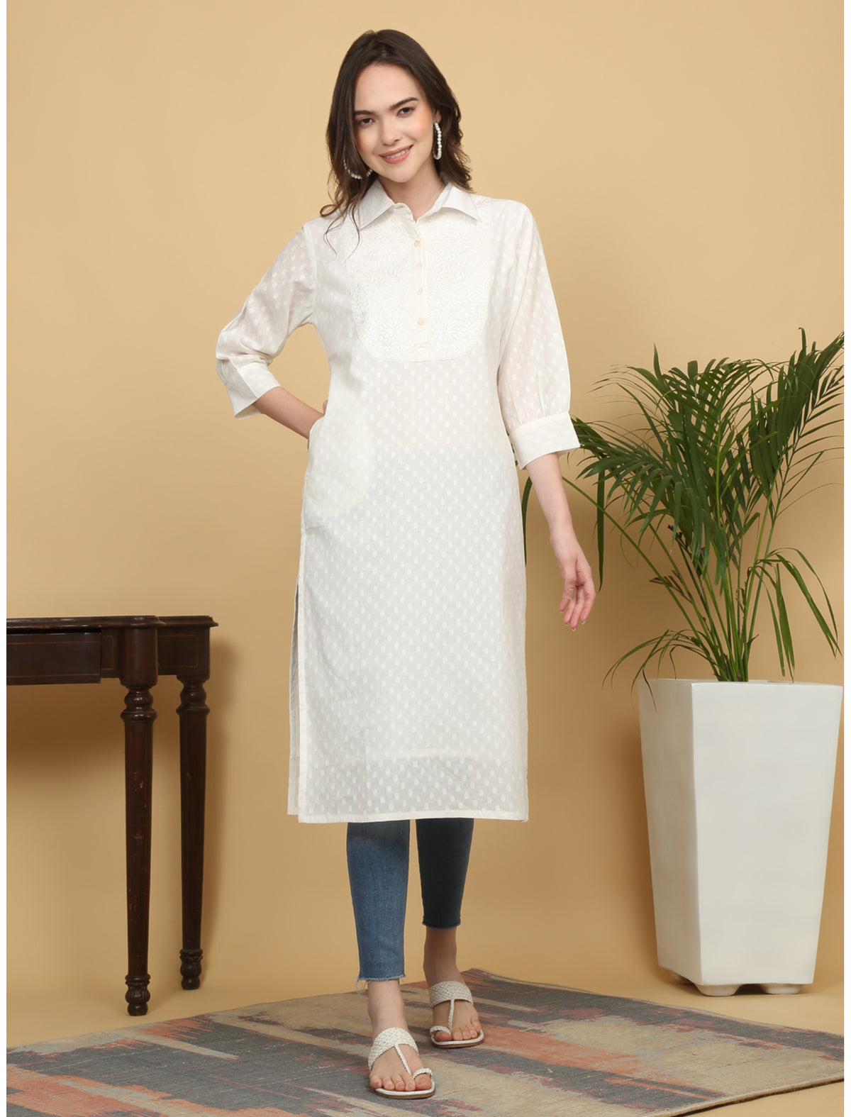 Maluka Women Cotton Dobby Shri Ram Butta White Embroidery Straight Kurta