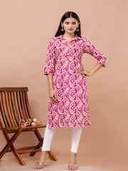 Maluka Women’s Pink & Light Blue Ethnic Motif Rayon Straight Kurta