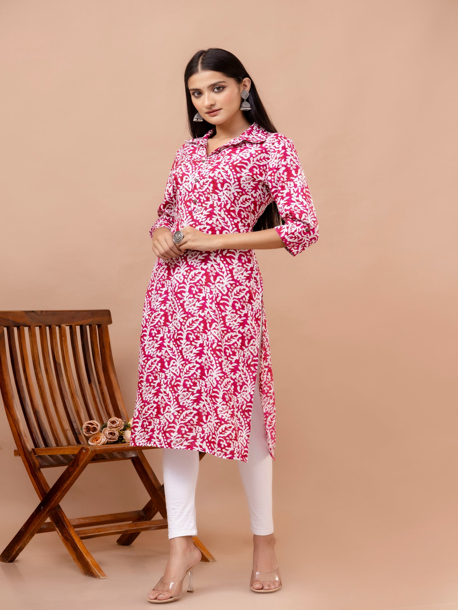 Maluka Women’s Pink & Light Blue Ethnic Motif Rayon Straight Kurta