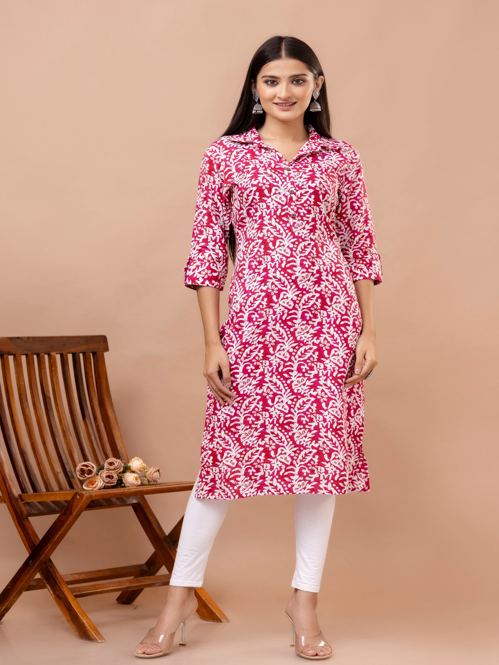 Maluka Women’s Pink & Light Blue Ethnic Motif Rayon Straight Kurta