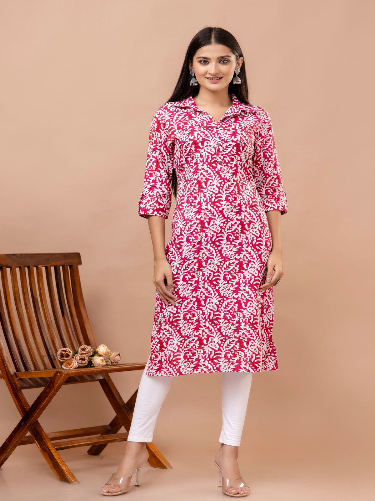 Maluka Women’s Pink & Light Blue Ethnic Motif Rayon Straight Kurta