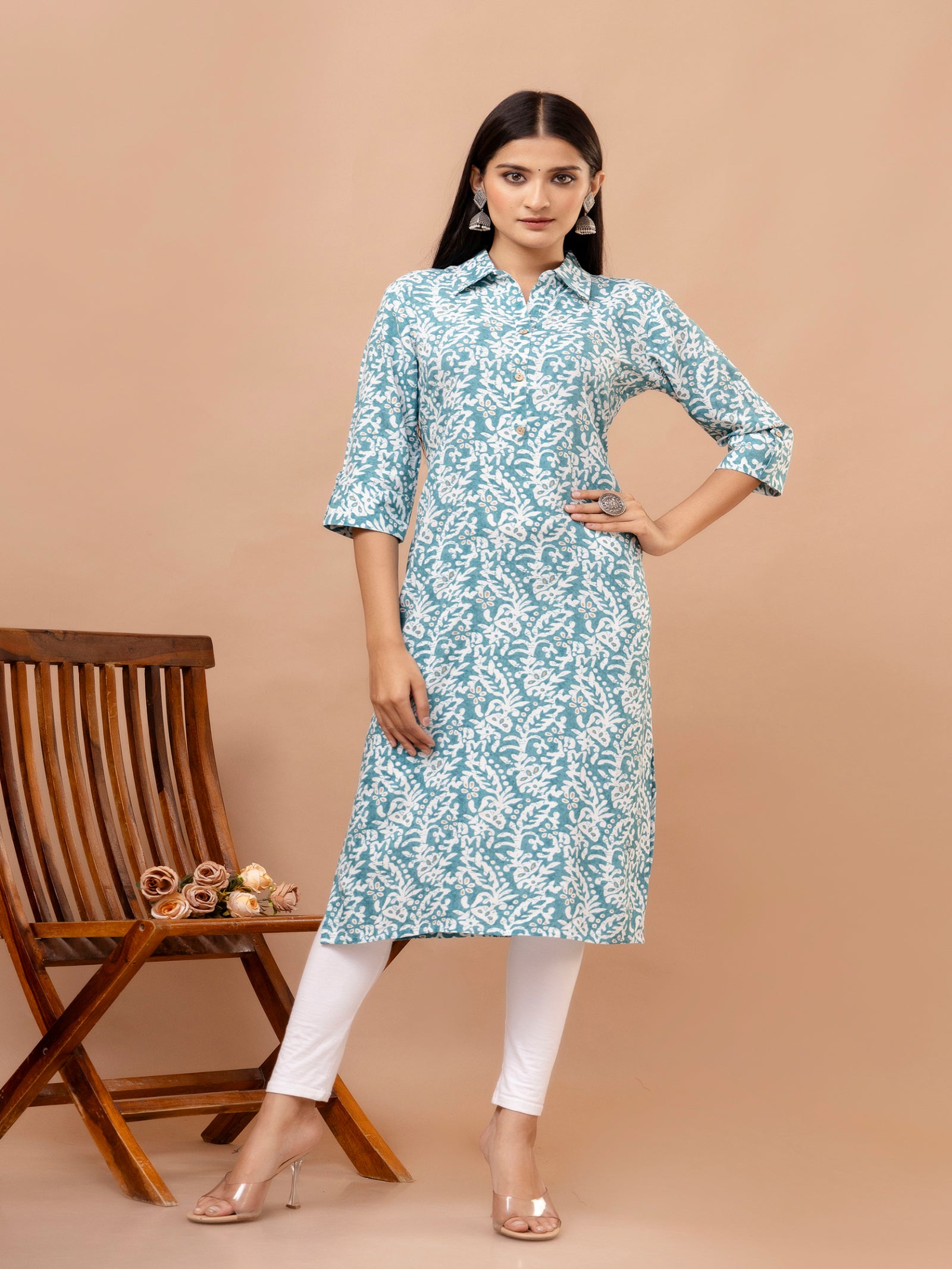 Maluka Women’s Pink & Light Blue Ethnic Motif Rayon Straight Kurta