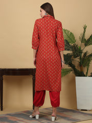 Maluka Women’s Red & Blue Gold Print Rayon Foil Kurta Pant Set