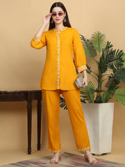 Maluka women rayon yellow solid embroidered co-ord set