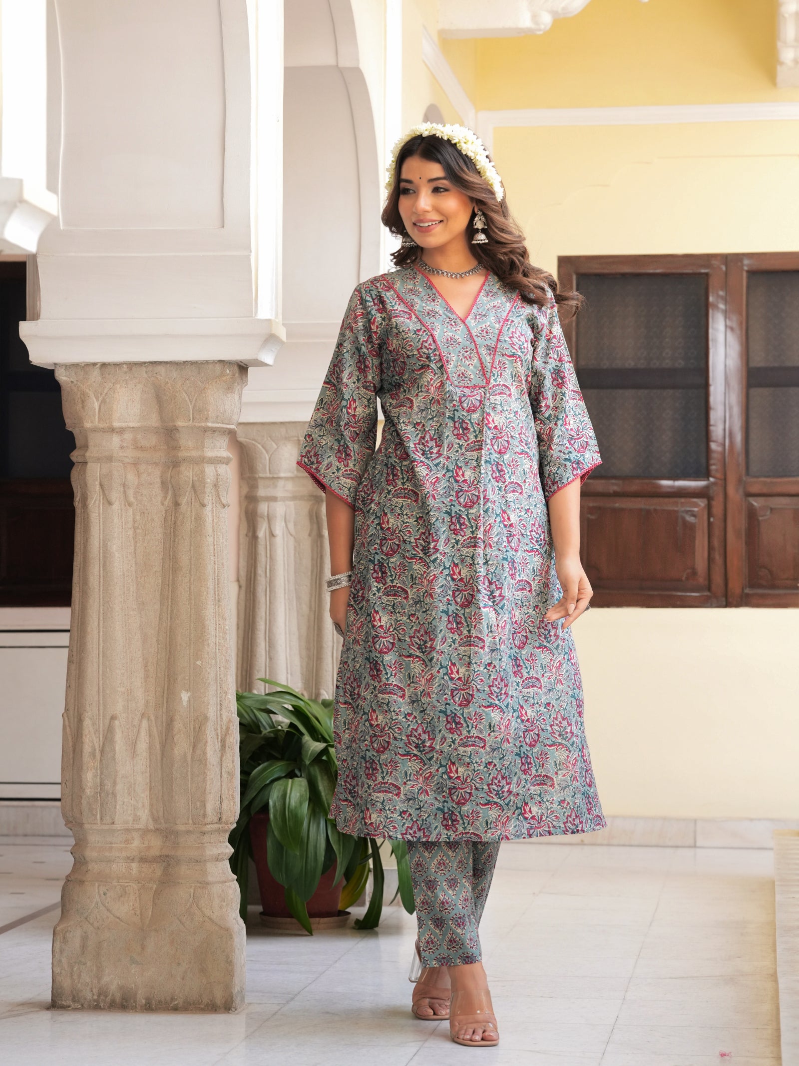 Maluka Women’s Grey & Peach Floral Print Cotton Kurta Set with Dupatta