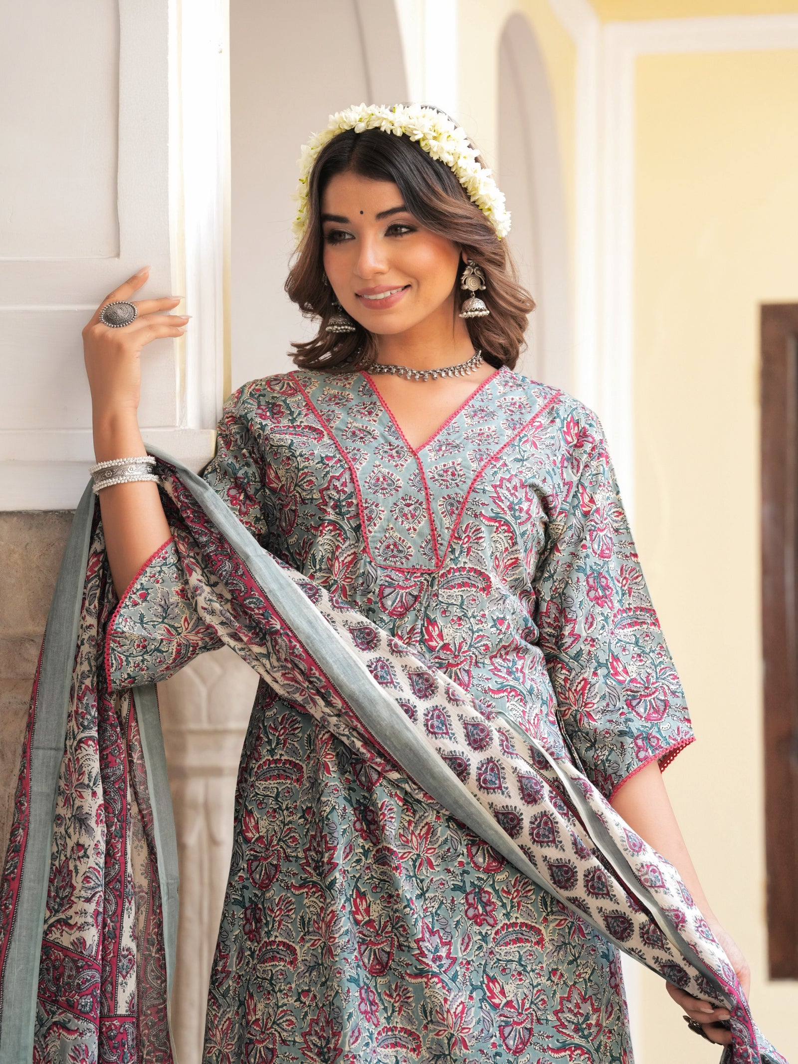 Maluka Women’s Grey & Peach Floral Print Cotton Kurta Set with Dupatta