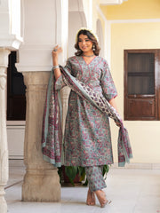 Maluka Women’s Grey & Peach Floral Print Cotton Kurta Set with Dupatta