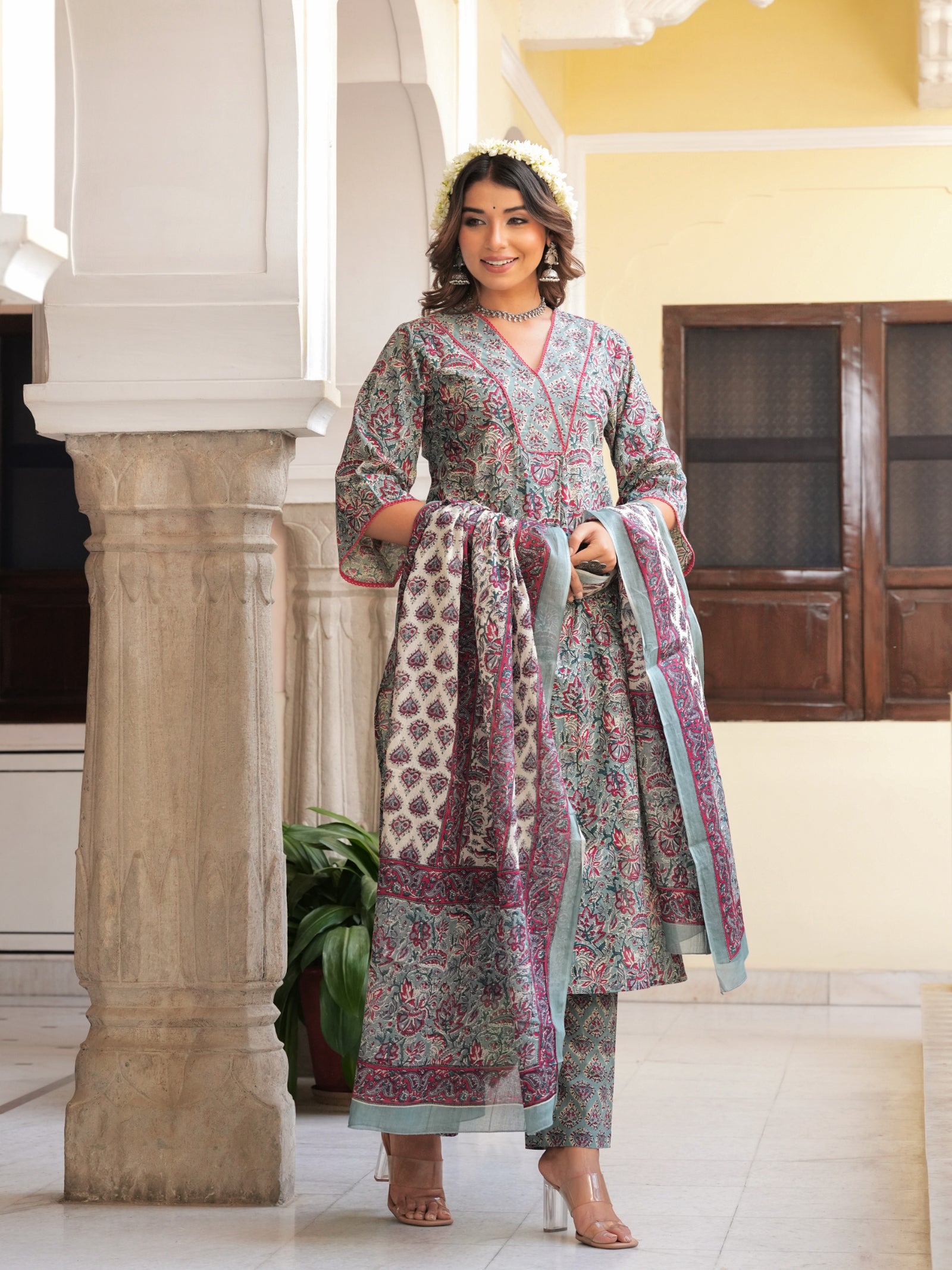 Maluka Women’s Grey & Peach Floral Print Cotton Kurta Set with Dupatta