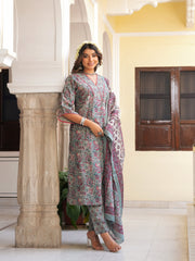 Maluka Women’s Grey & Peach Floral Print Cotton Kurta Set with Dupatta