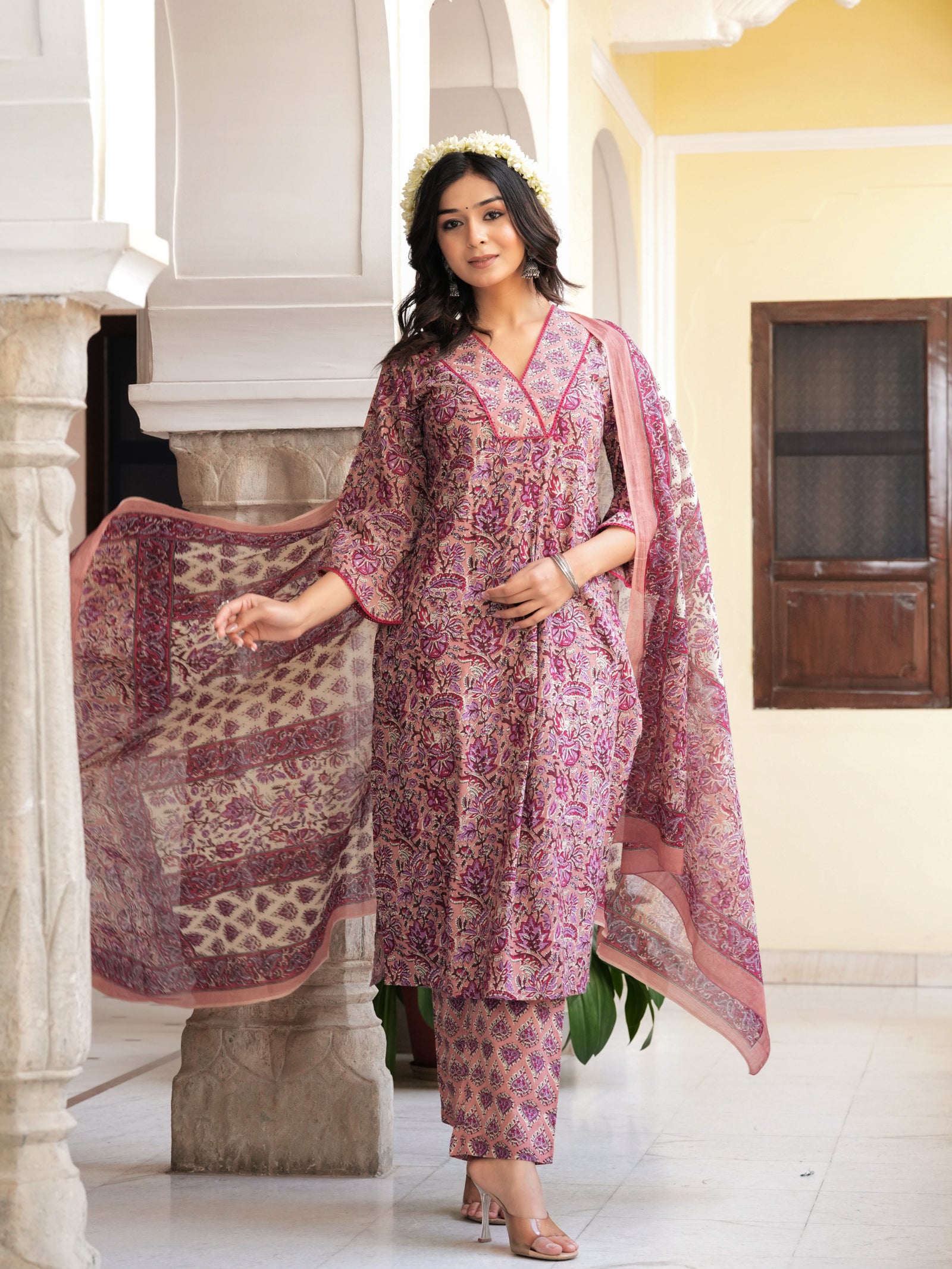 Maluka Women’s Grey & Peach Floral Print Cotton Kurta Set with Dupatta