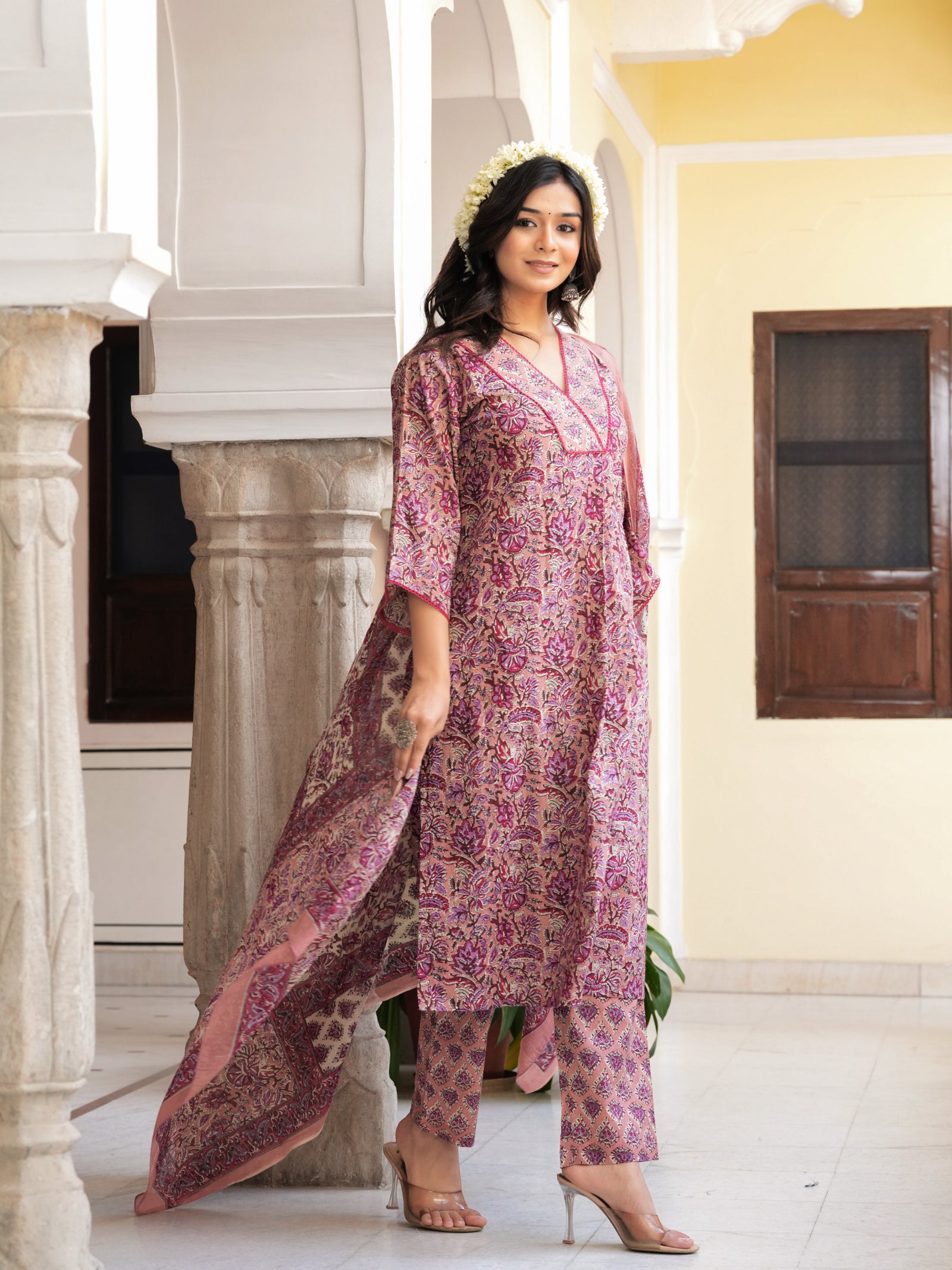 Maluka Women’s Grey & Peach Floral Print Cotton Kurta Set with Dupatta