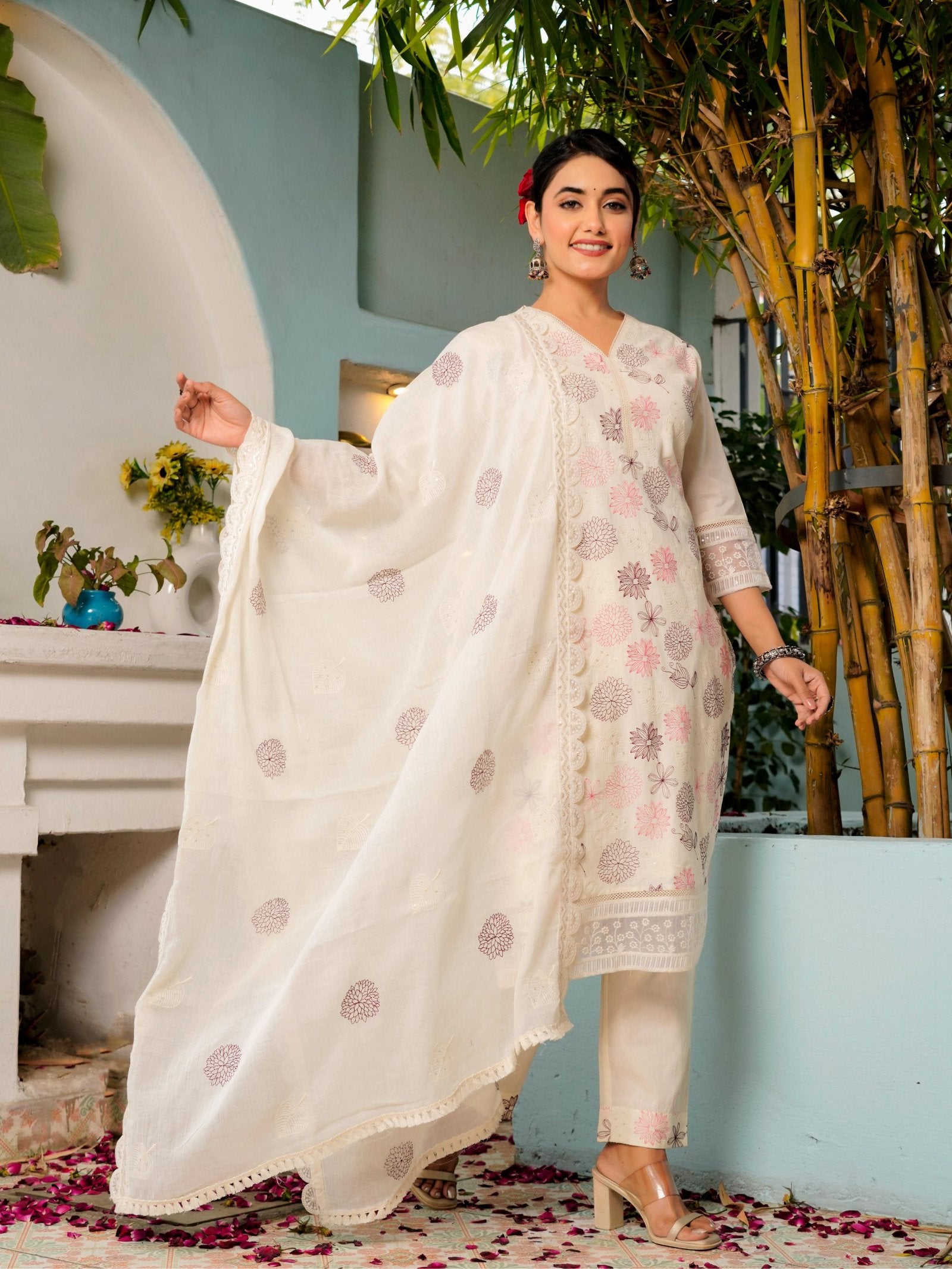 White Floral Cotton EMB Kurta Set