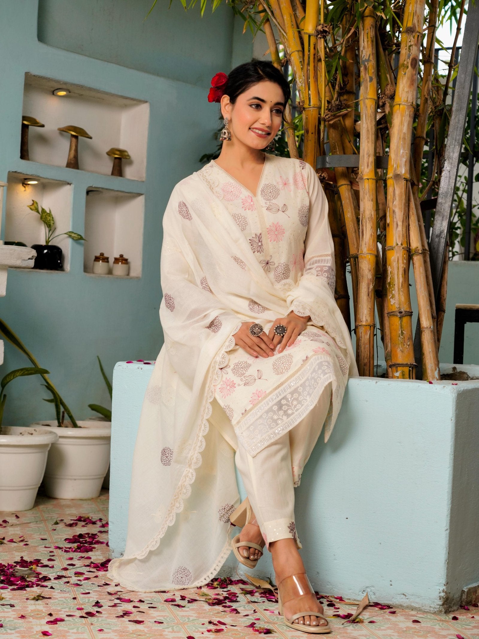 White Floral Cotton EMB Kurta Set