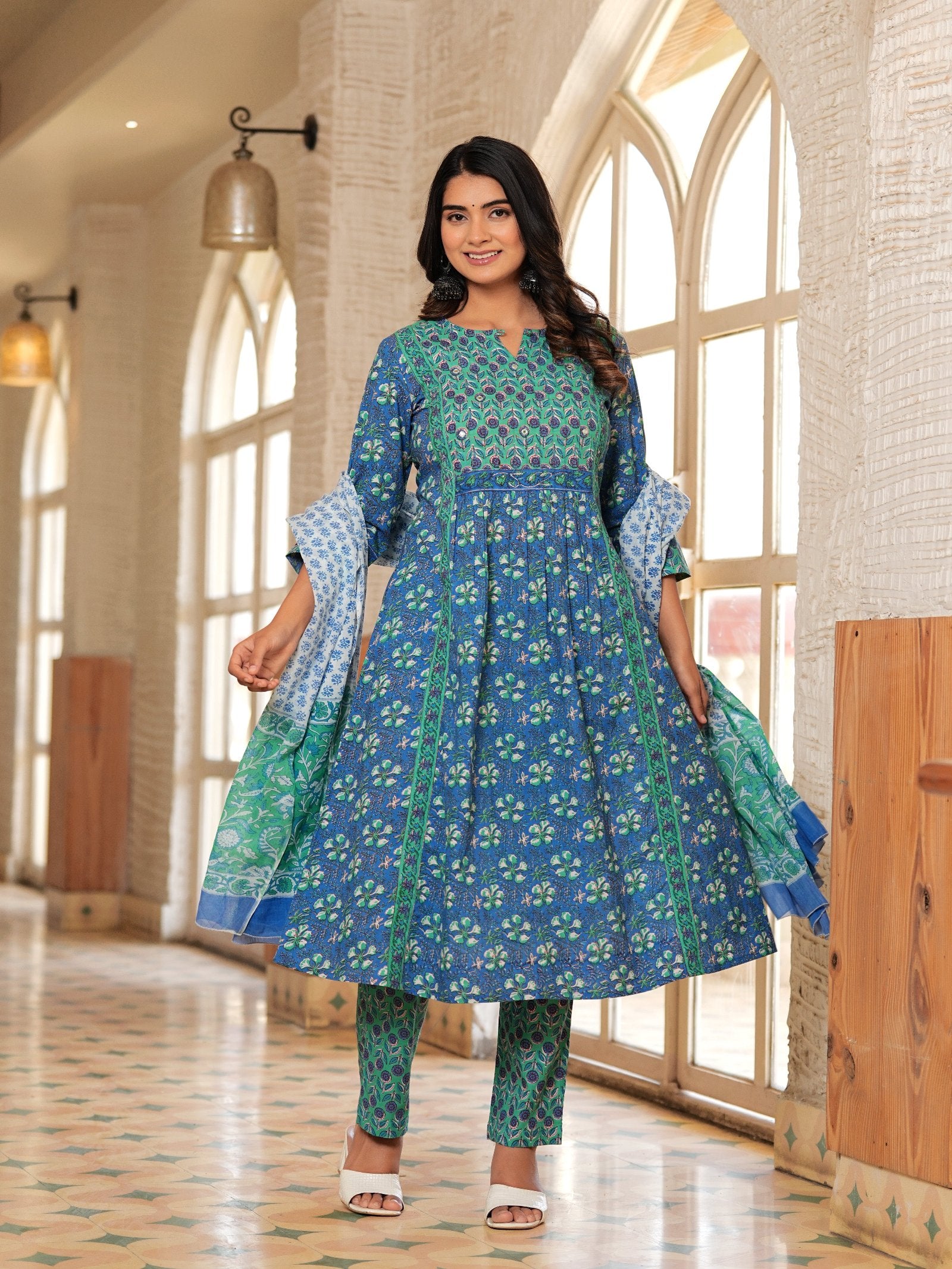 BLUE COTTON PRINTED KURTA SET