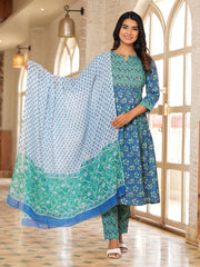 BLUE COTTON PRINTED KURTA SET