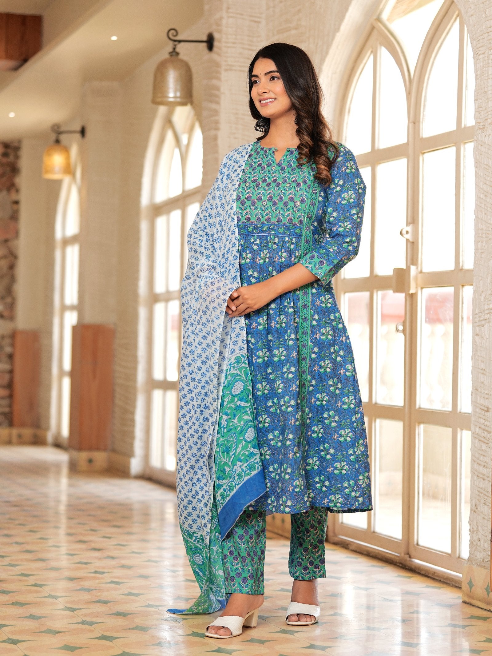 BLUE COTTON PRINTED KURTA SET