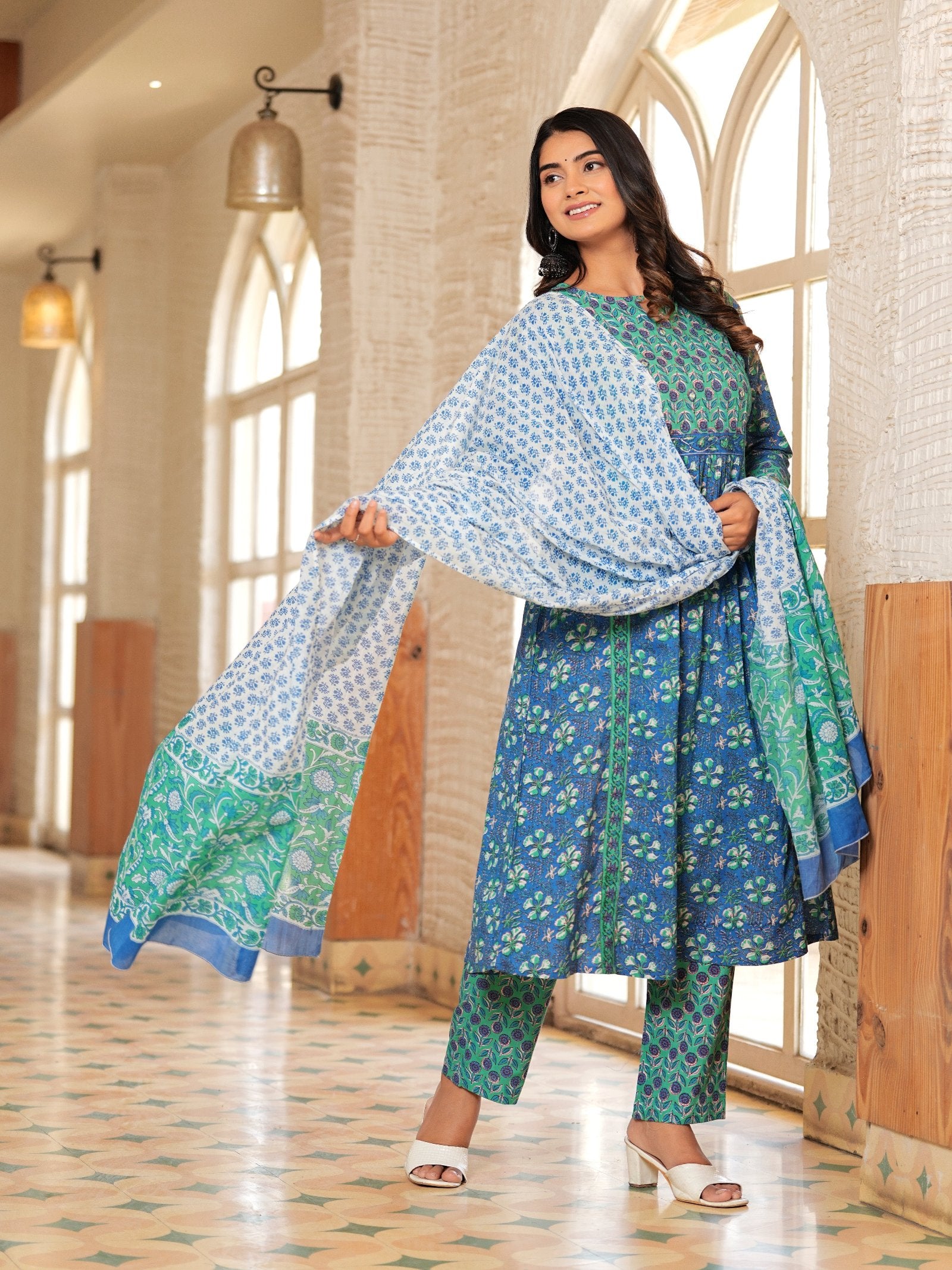 BLUE COTTON PRINTED KURTA SET