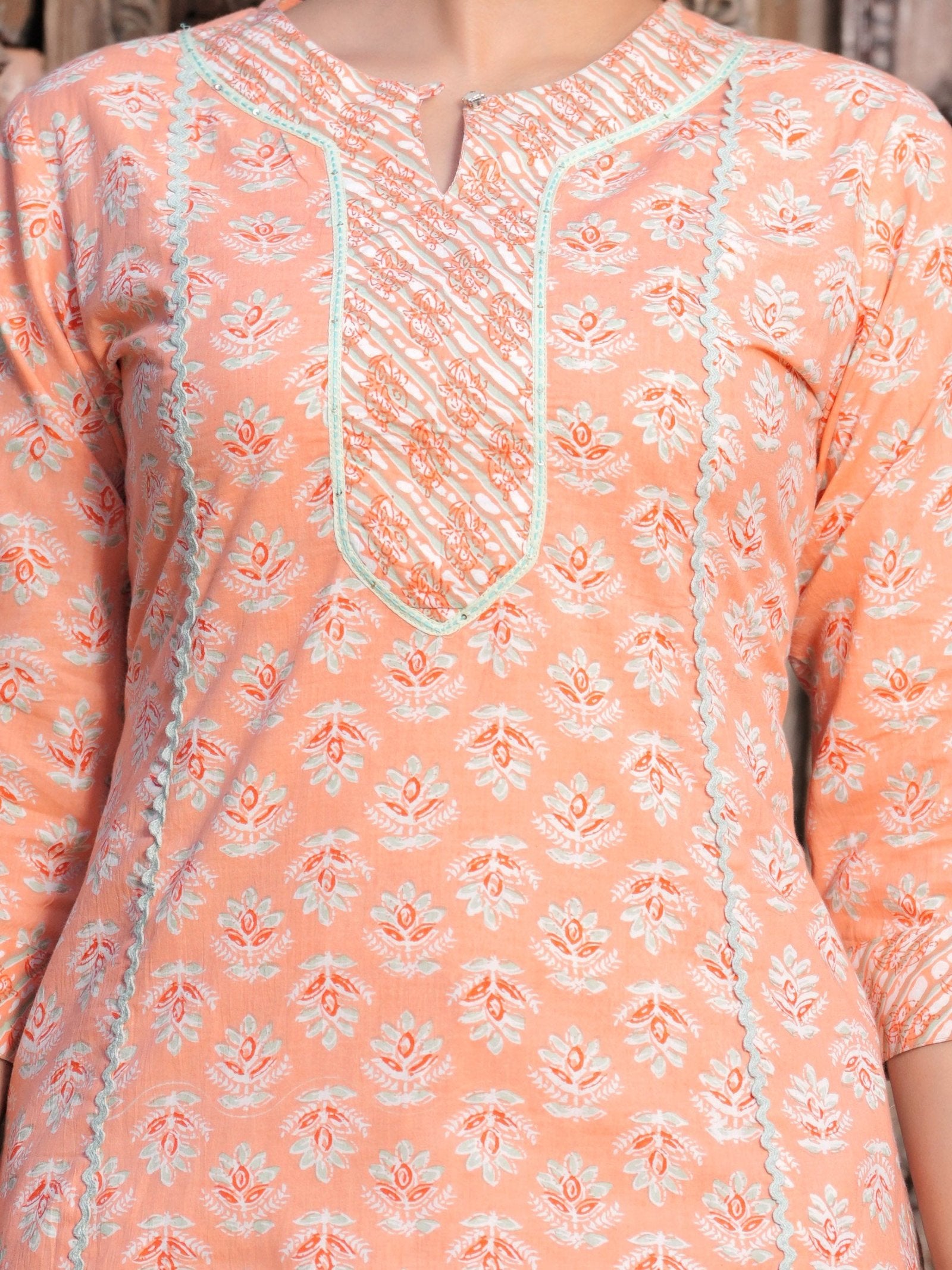 Orange Cotton Printed Kurta Set