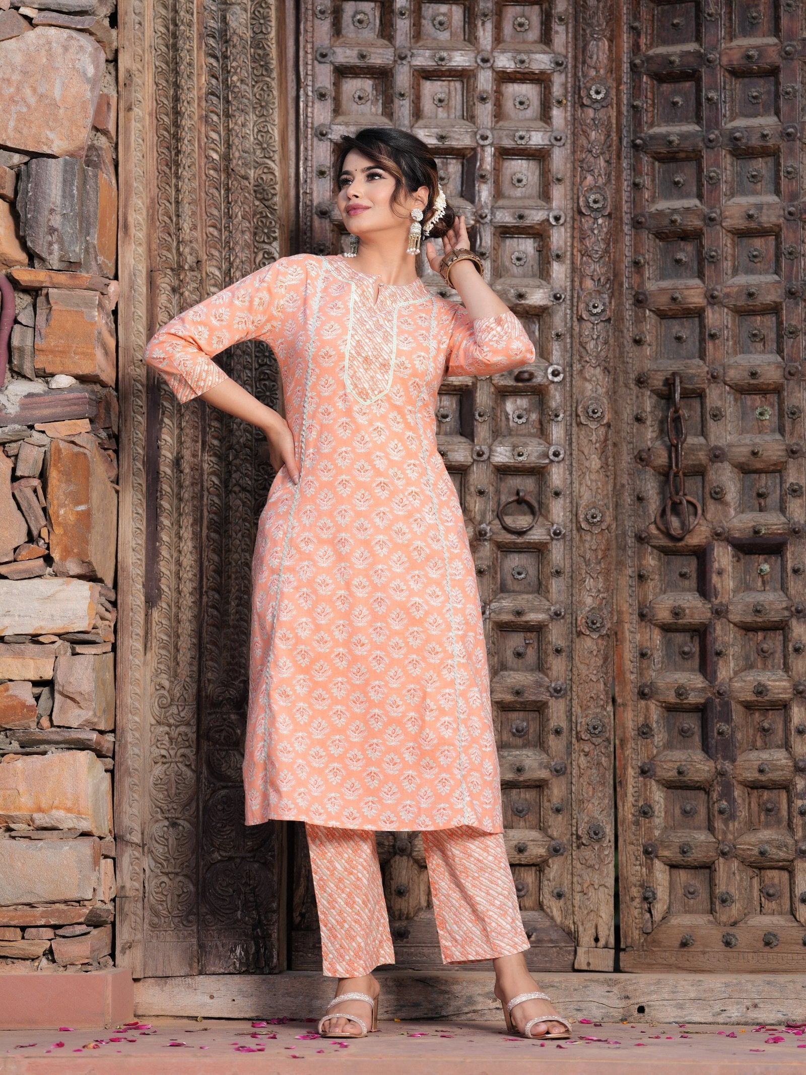 Orange Cotton Printed Kurta Set