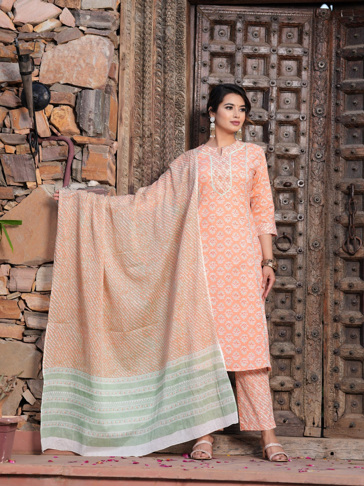 Orange Cotton Printed Kurta Set