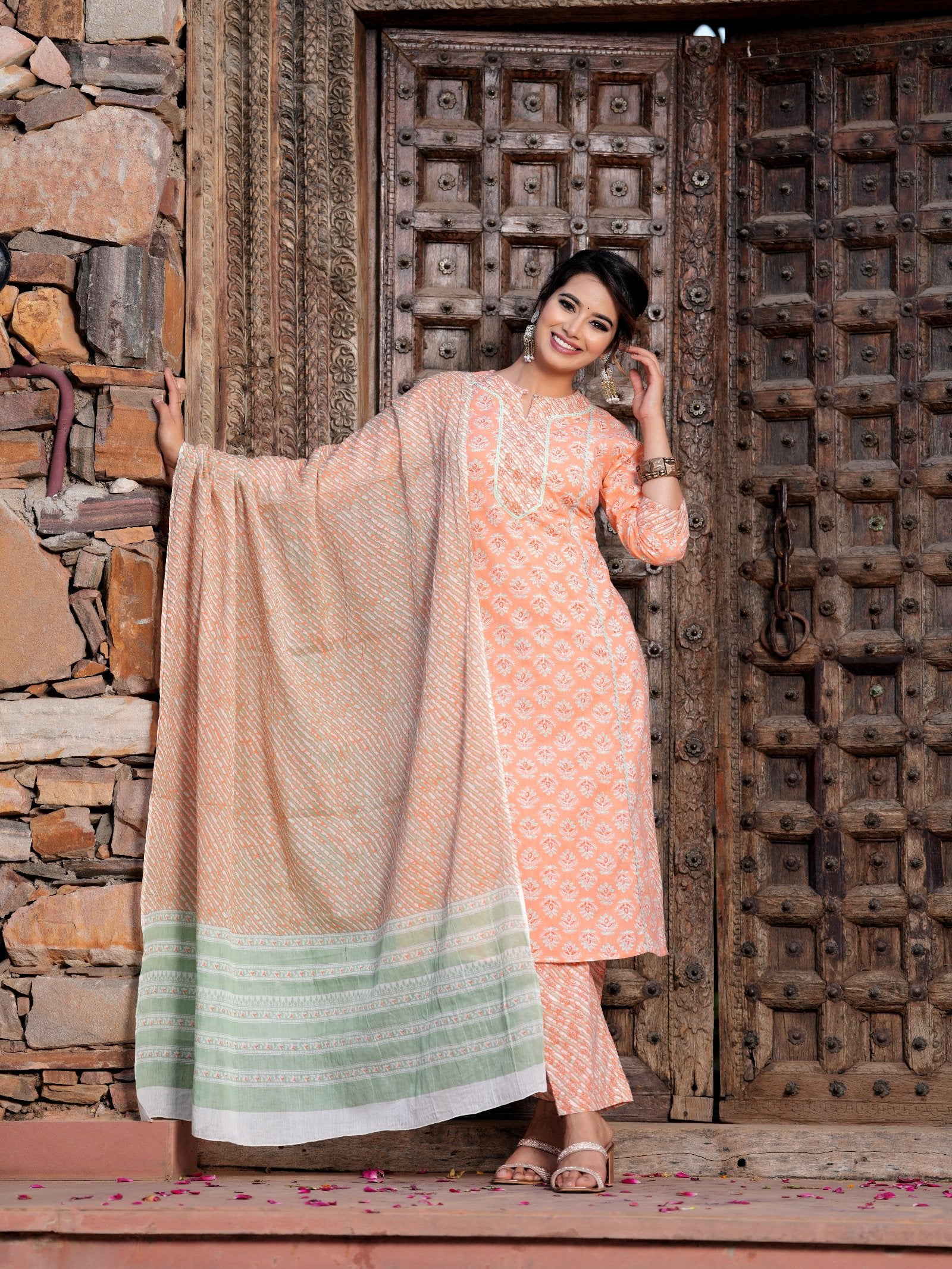 Orange Cotton Printed Kurta Set