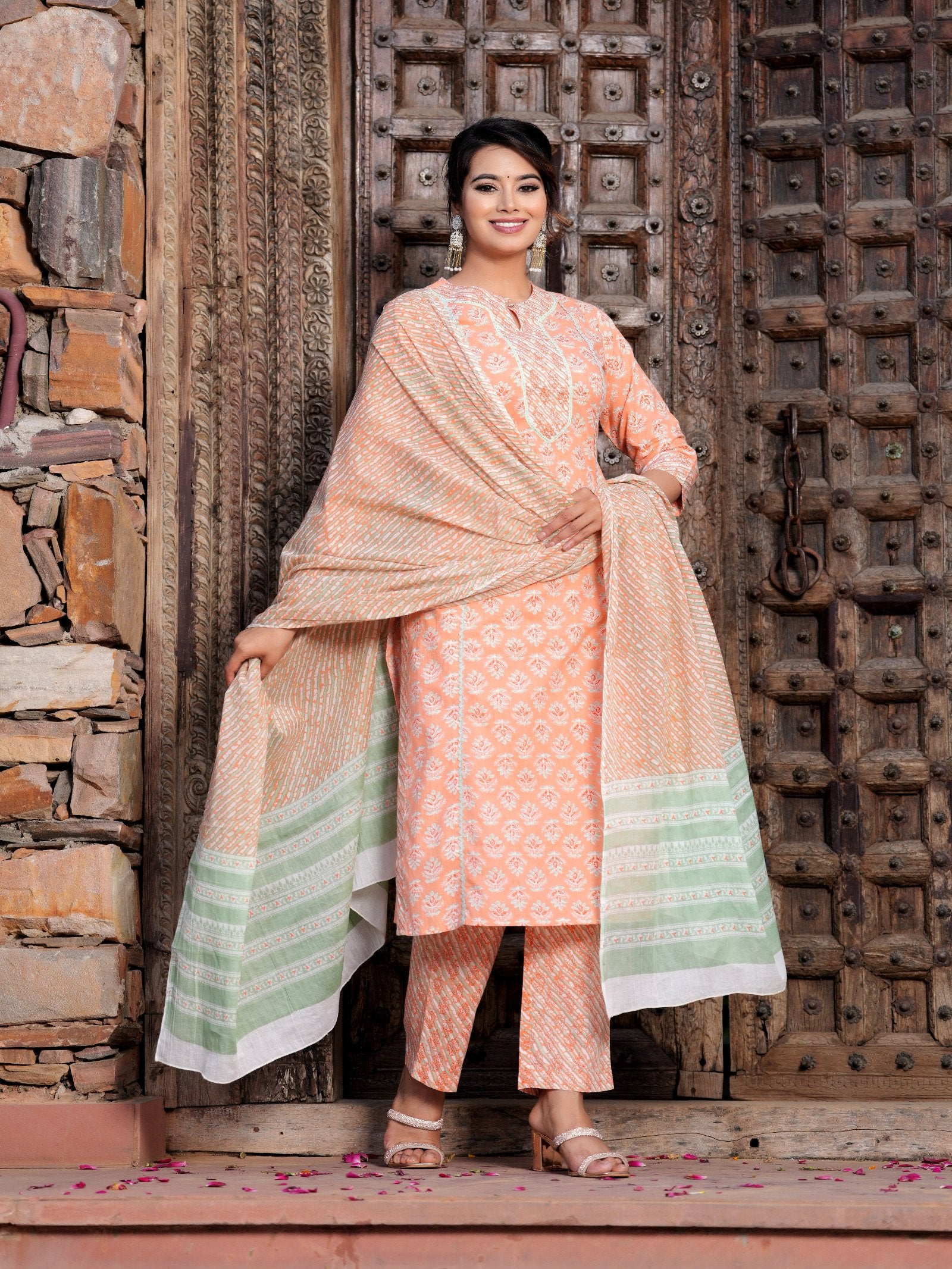 Orange Cotton Printed Kurta Set