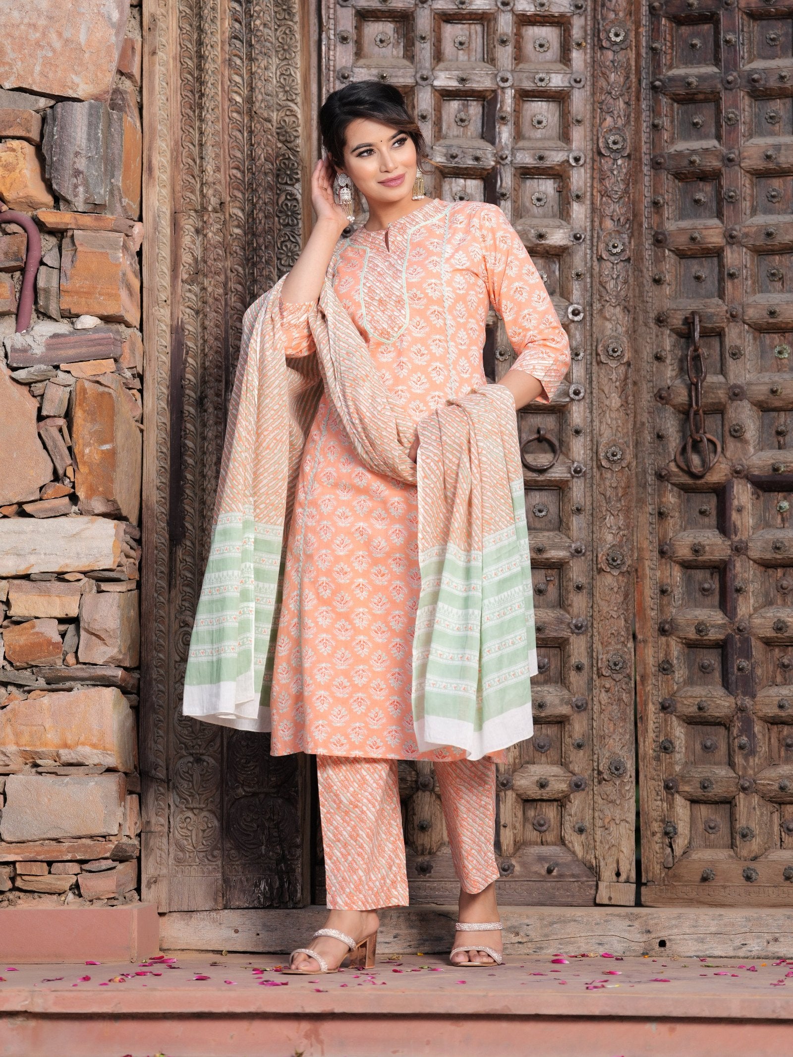 Orange Cotton Printed Kurta Set