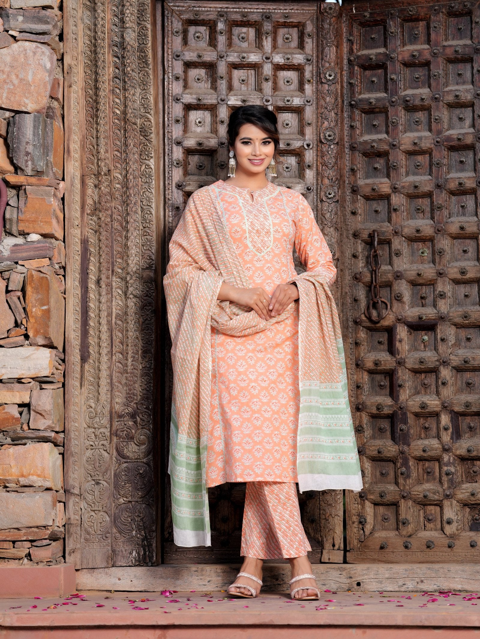 Orange Cotton Printed Kurta Set