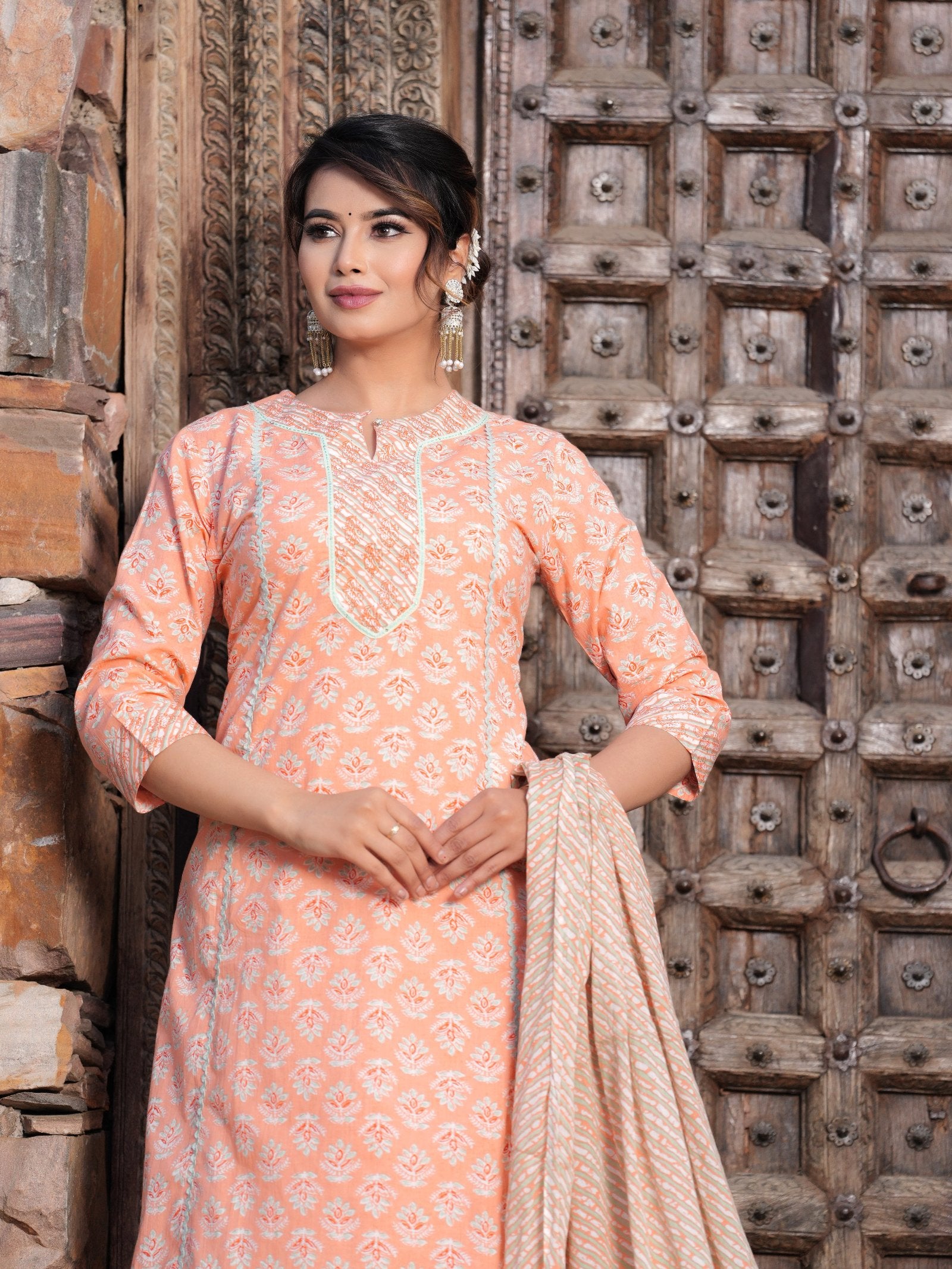 Orange Cotton Printed Kurta Set