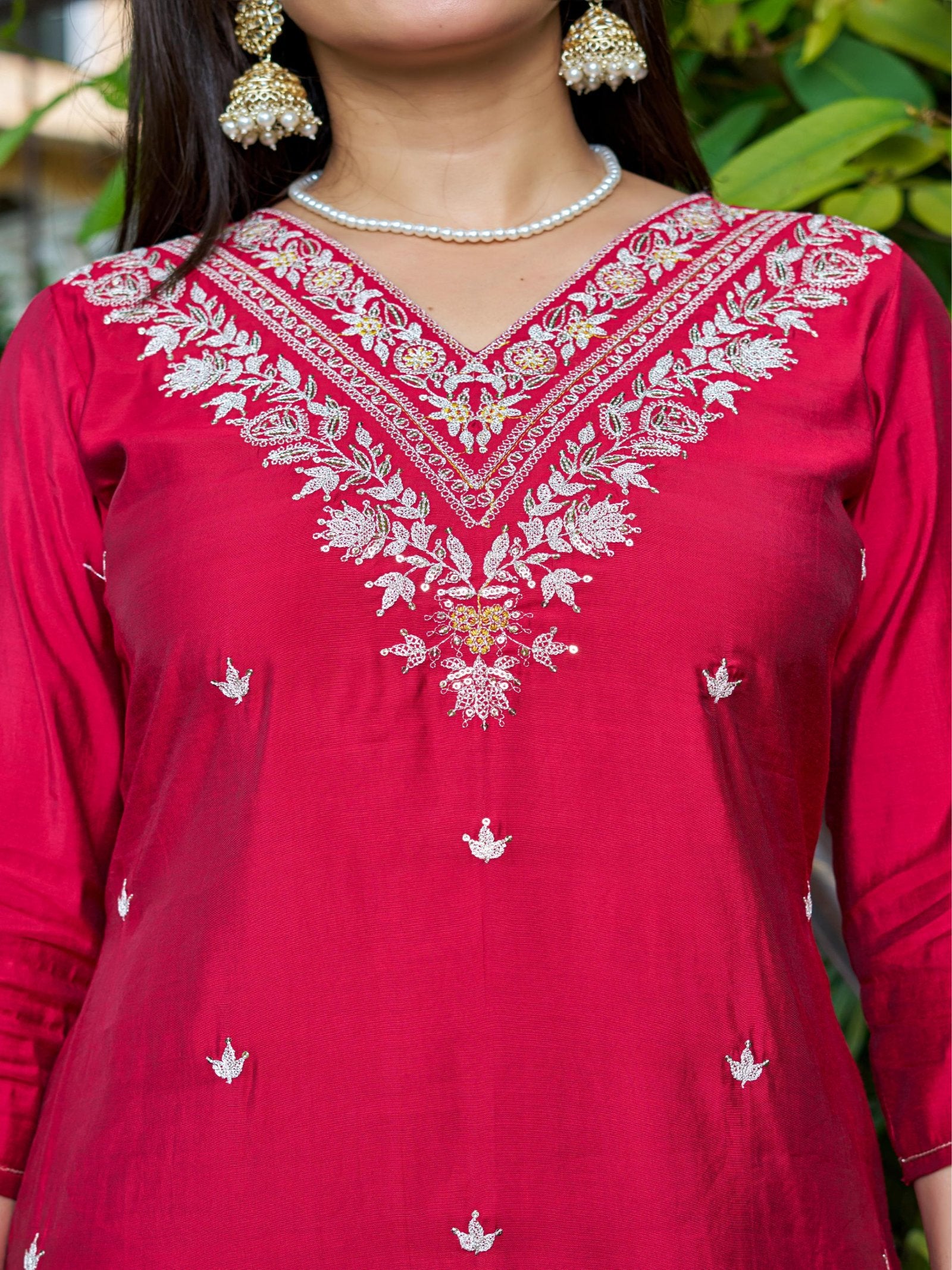 Pink Solid Roman Silk Embroidered Kurta Set