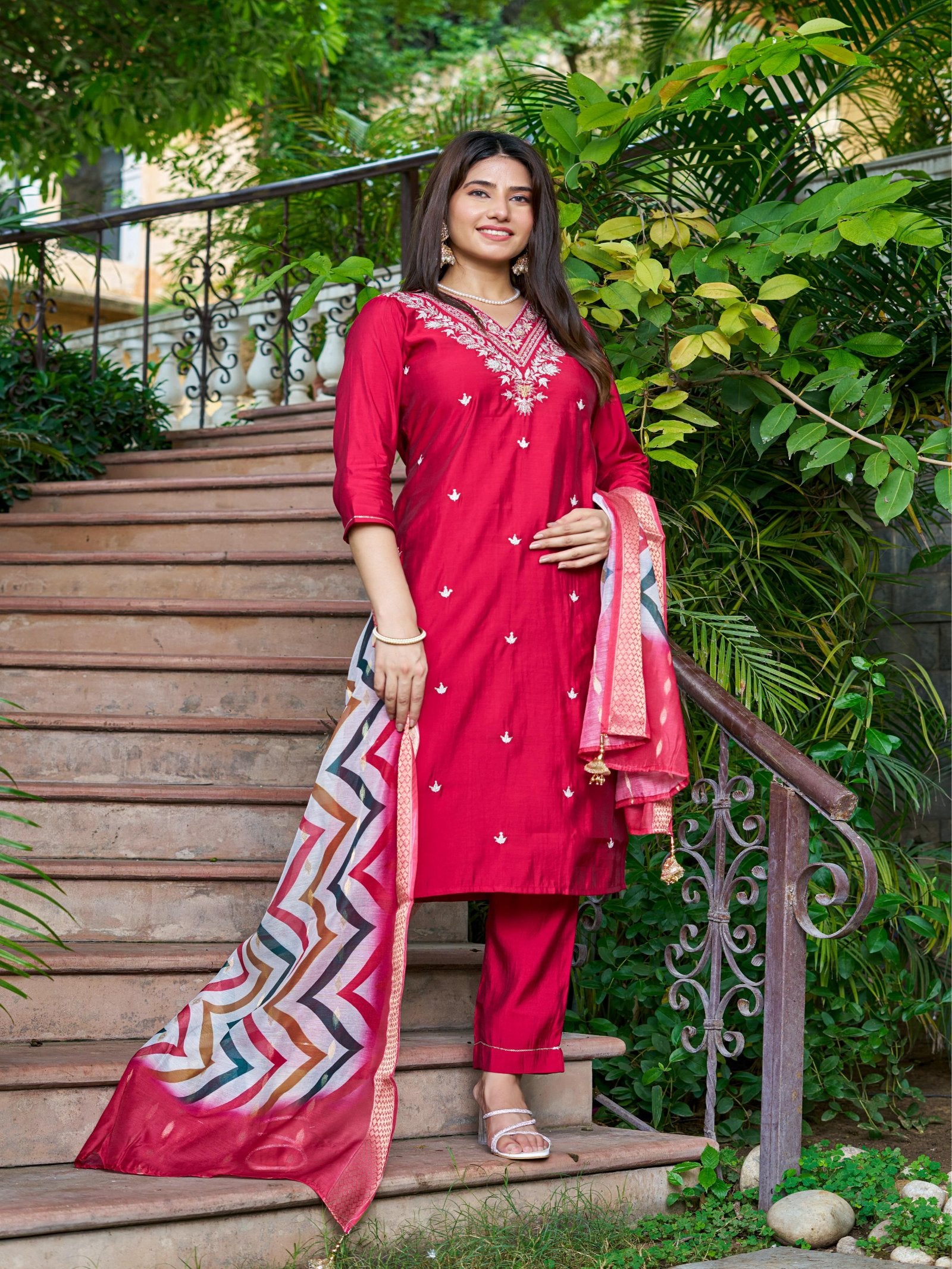 Pink Solid Roman Silk Embroidered Kurta Set