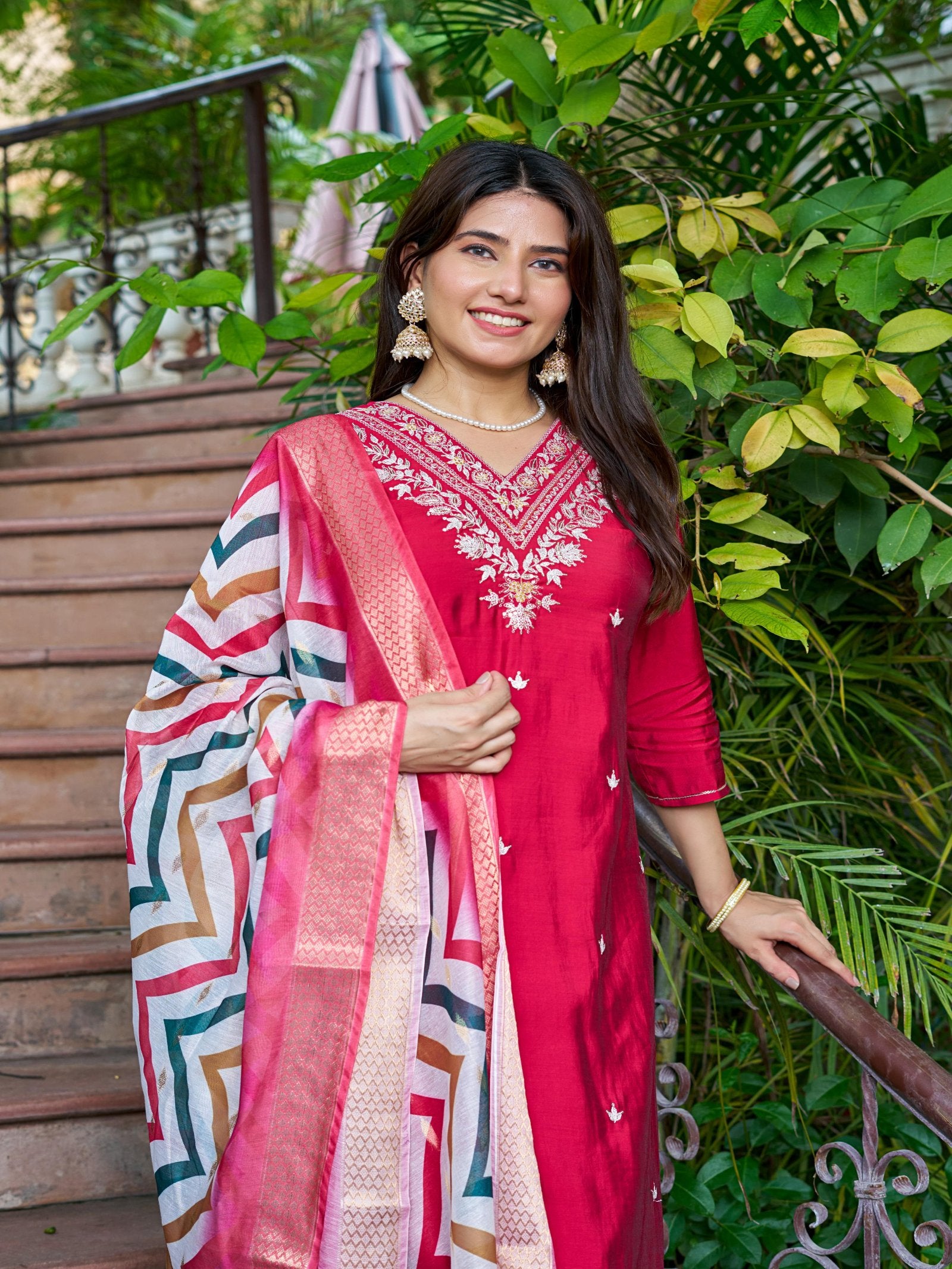 Pink Solid Roman Silk Embroidered Kurta Set