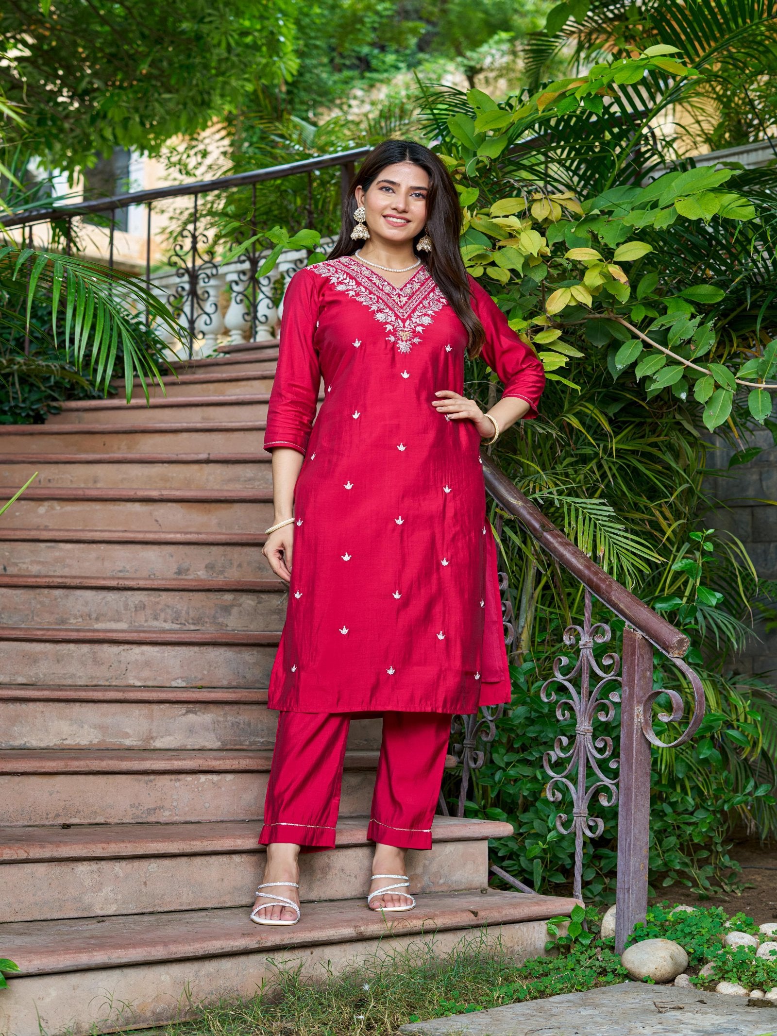 Pink Solid Roman Silk Embroidered Kurta Set