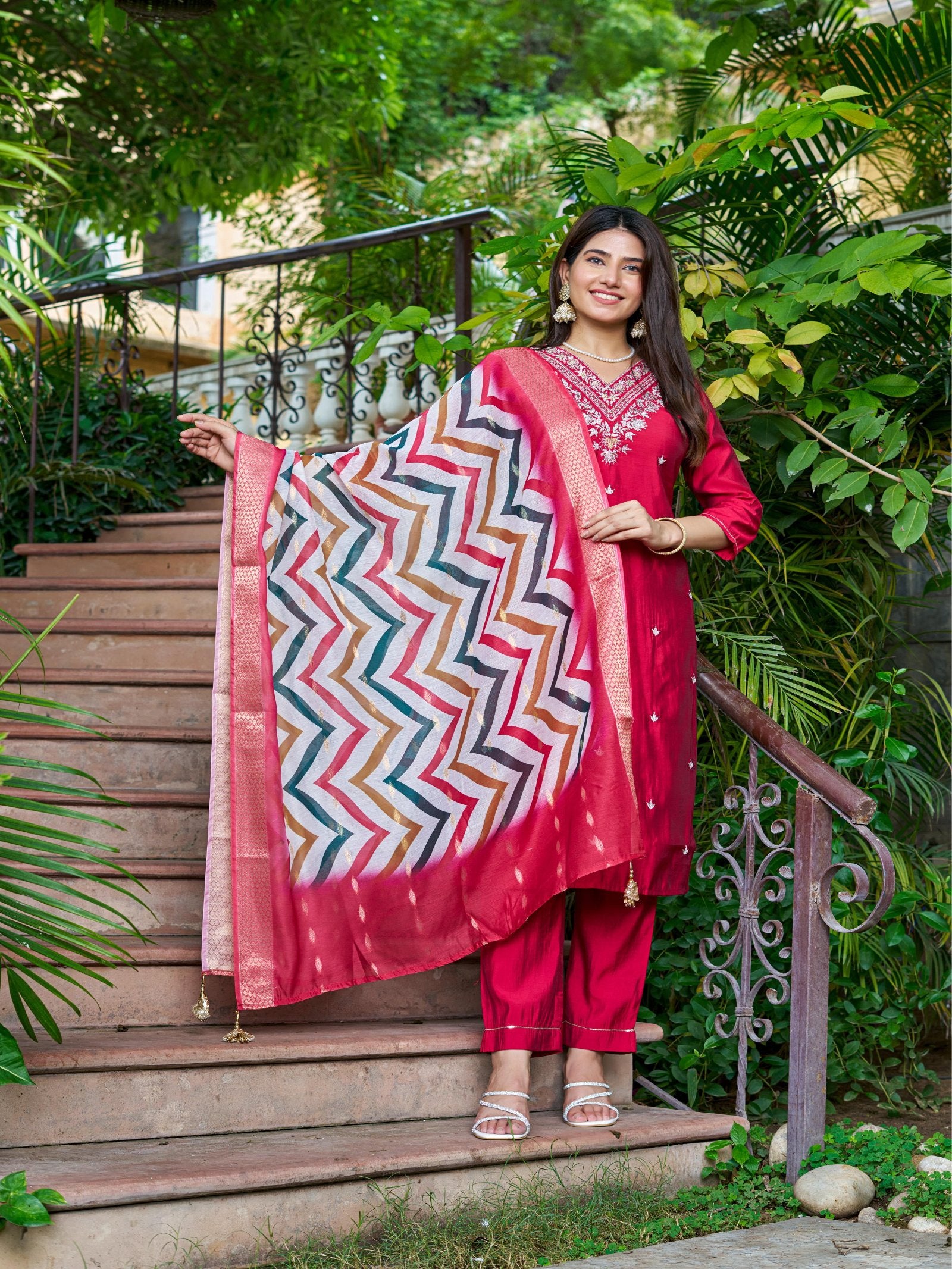 Pink Solid Roman Silk Embroidered Kurta Set