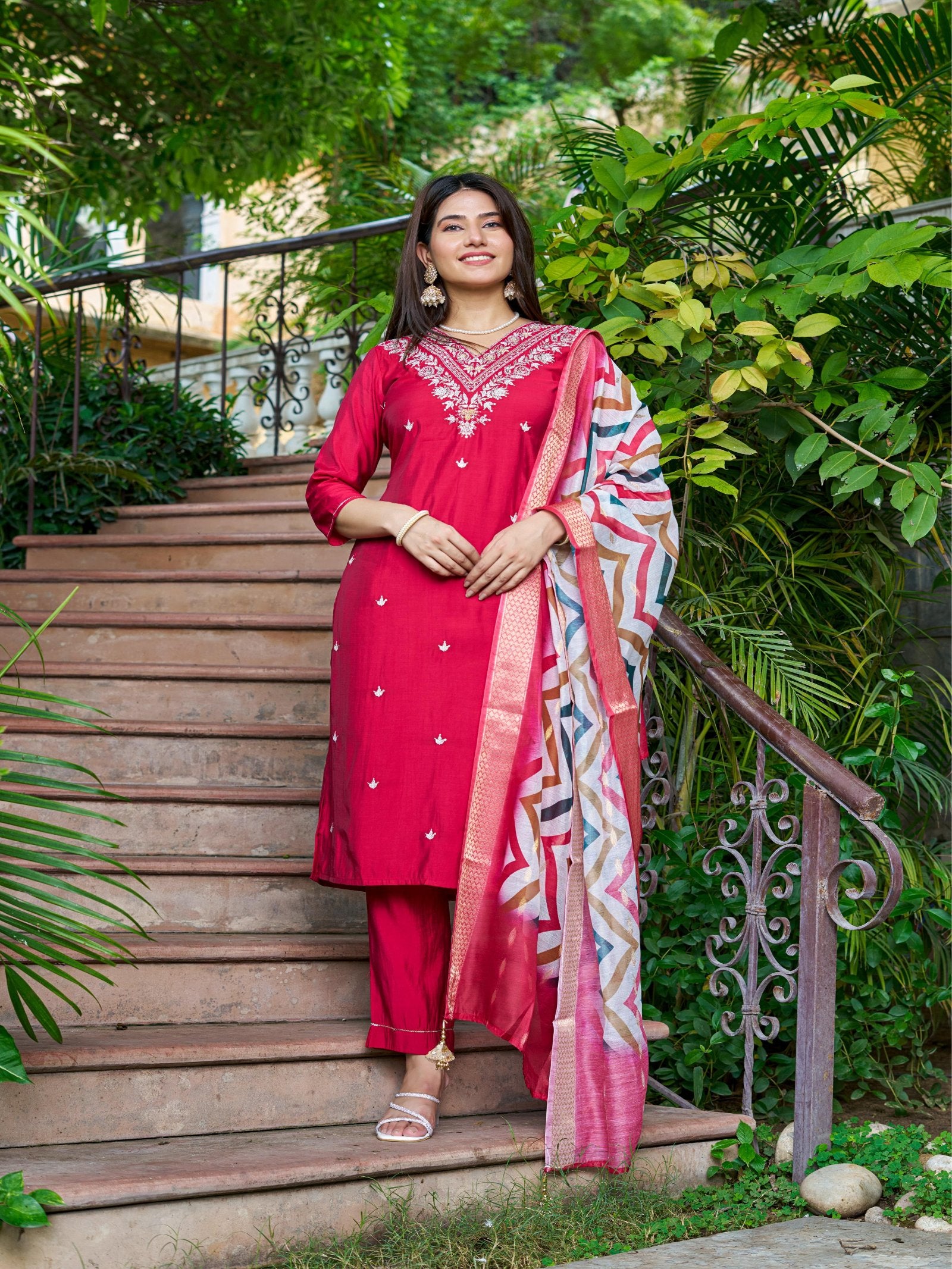 Pink Solid Roman Silk Embroidered Kurta Set