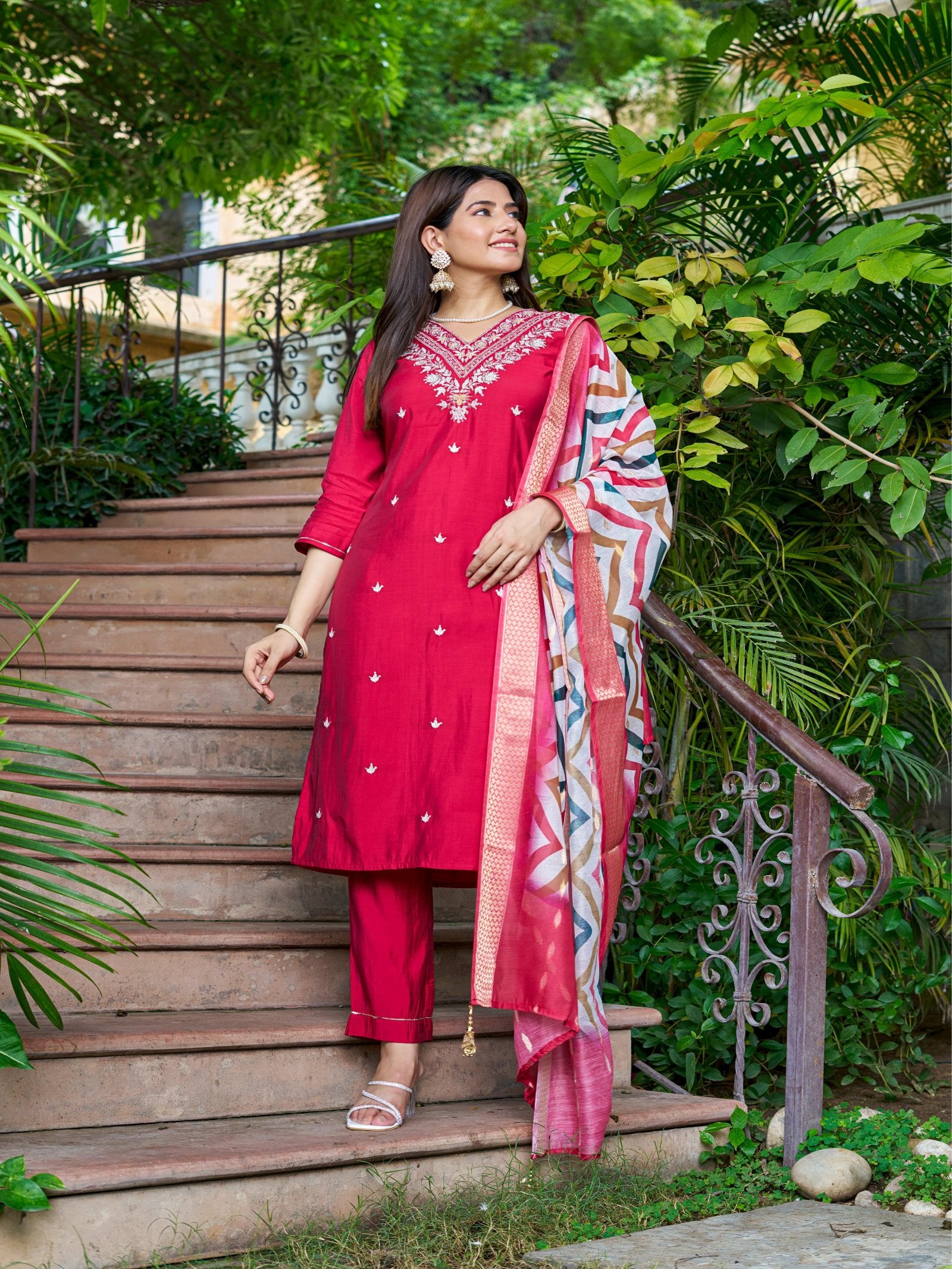 Pink Solid Roman Silk Embroidered Kurta Set