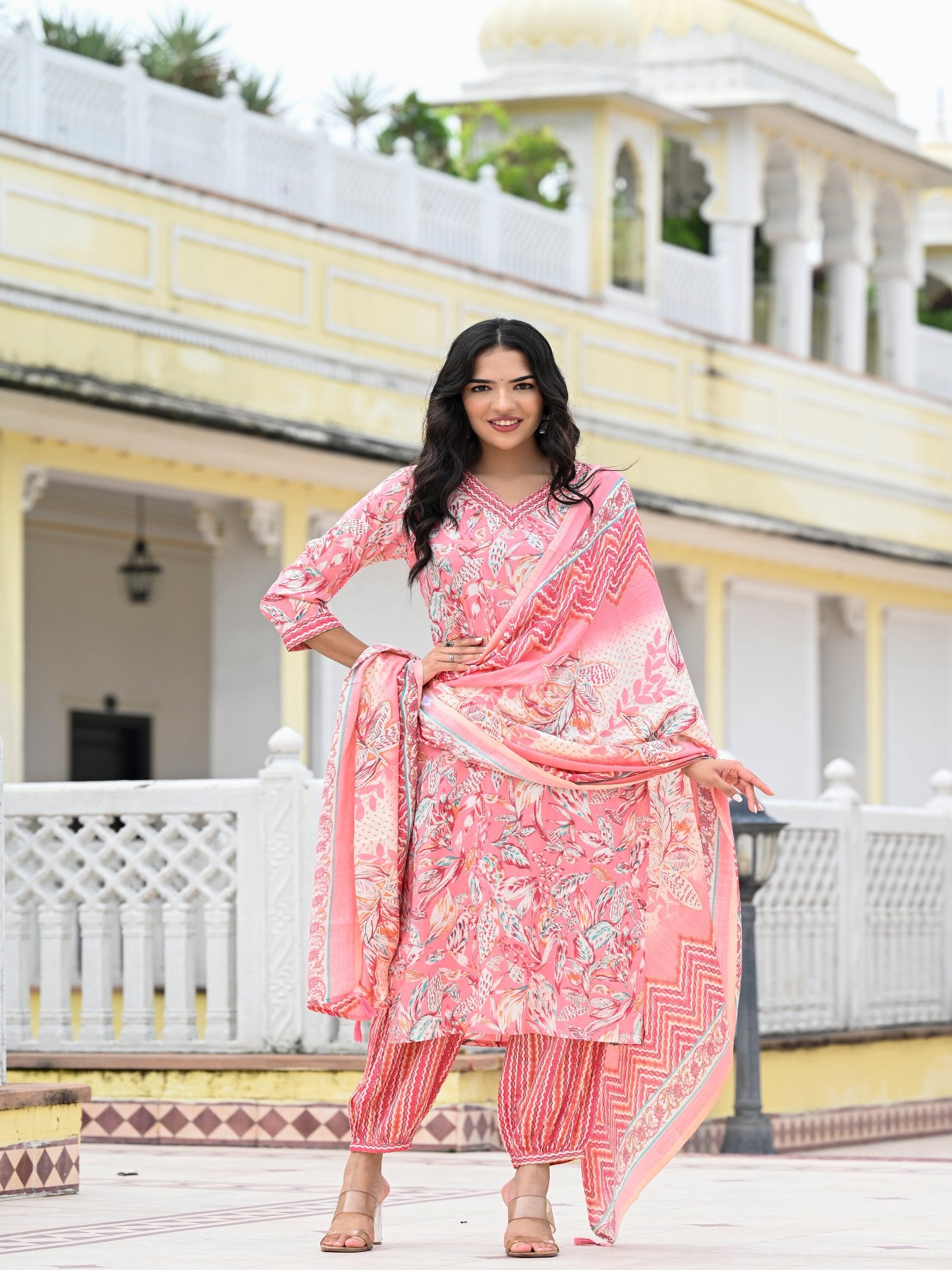 PINK FLORAL CAPSULE FOIL PRINTED KURTA SET