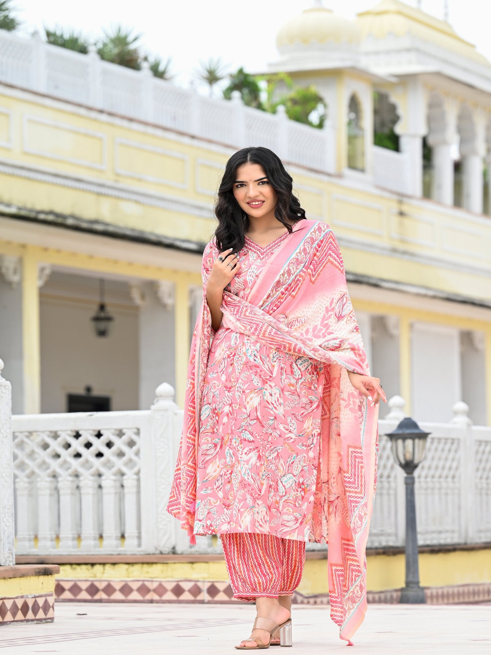 PINK FLORAL CAPSULE FOIL PRINTED KURTA SET