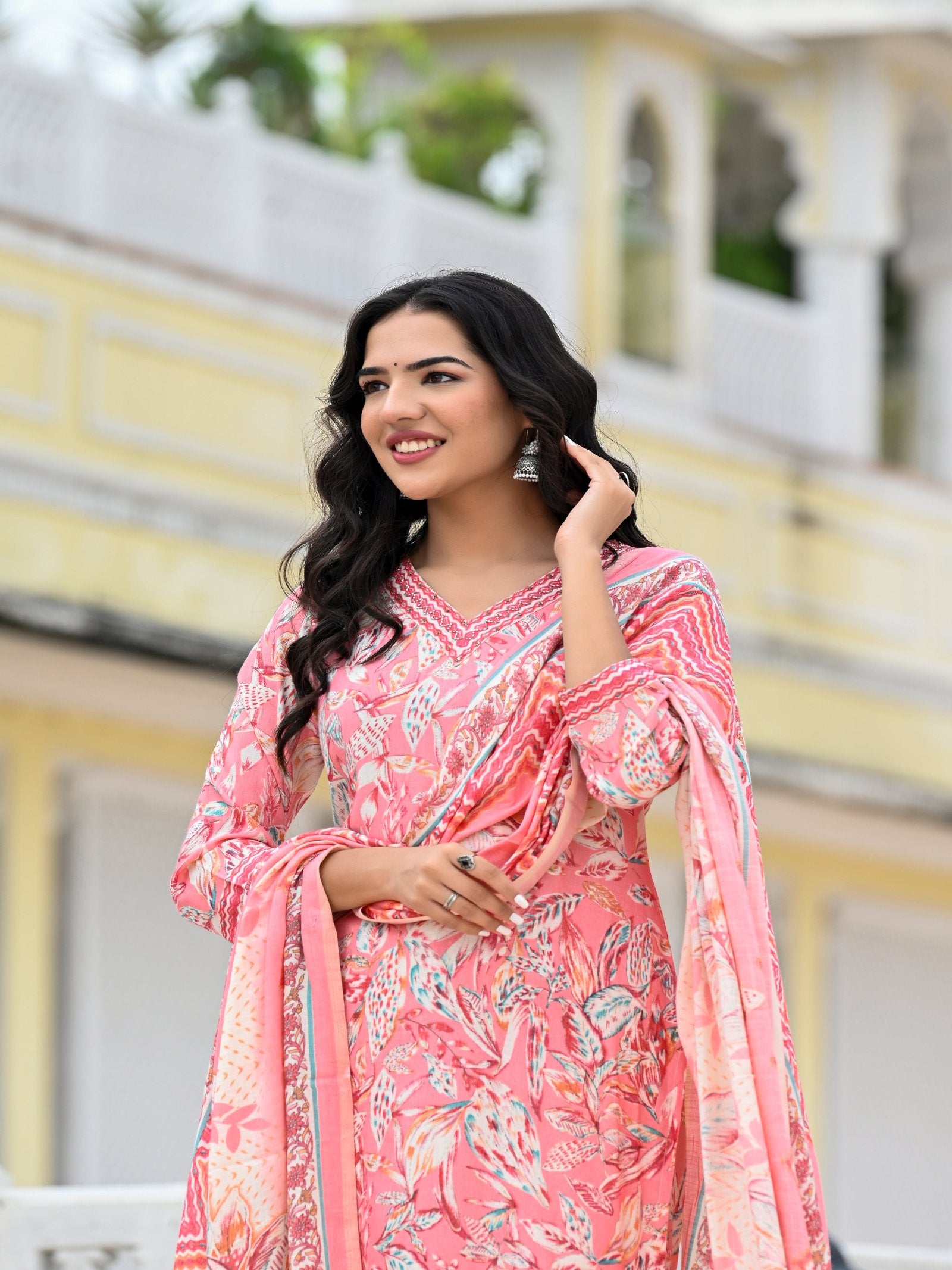 PINK FLORAL CAPSULE FOIL PRINTED KURTA SET