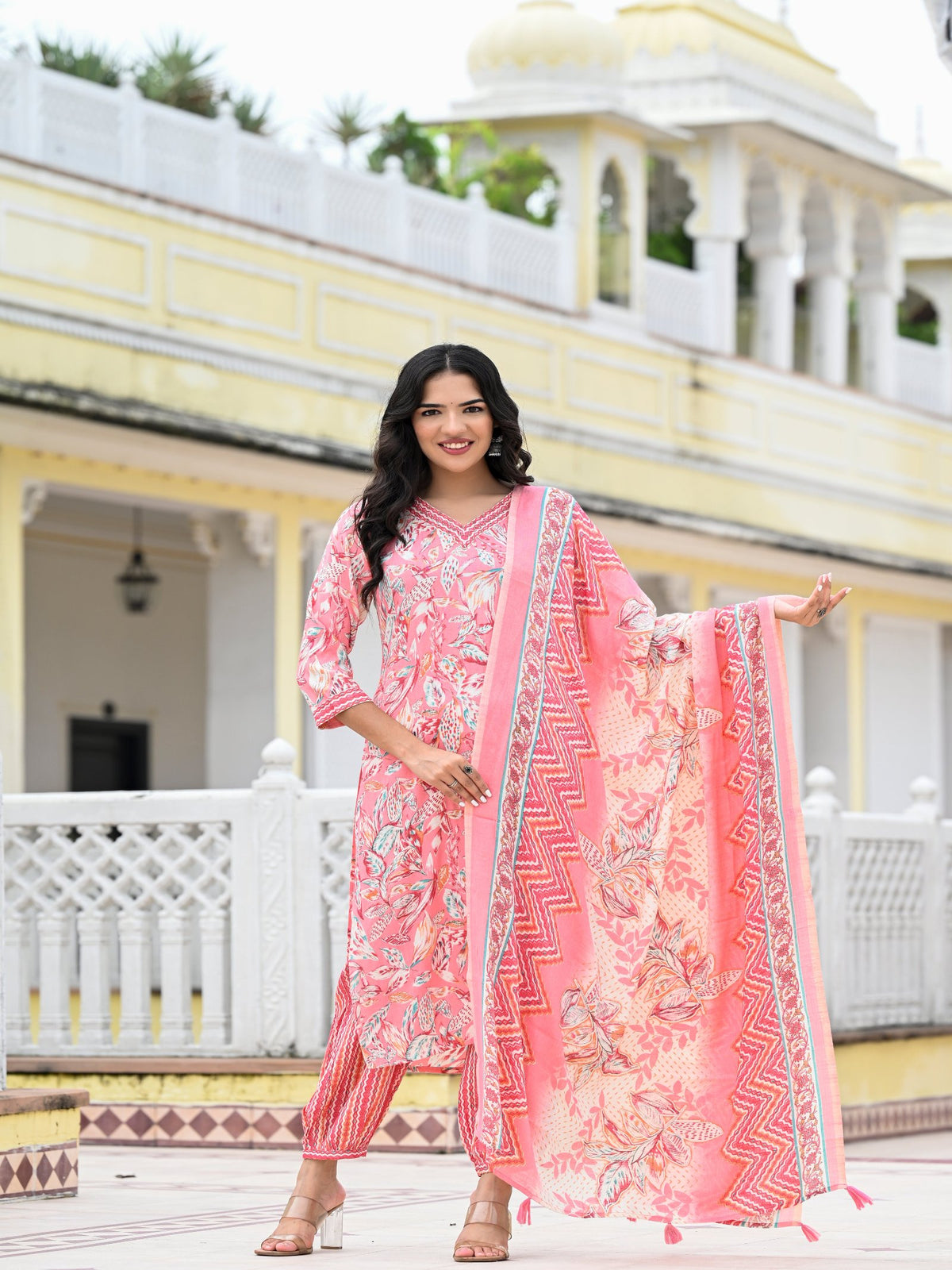 PINK FLORAL CAPSULE FOIL PRINTED KURTA SET