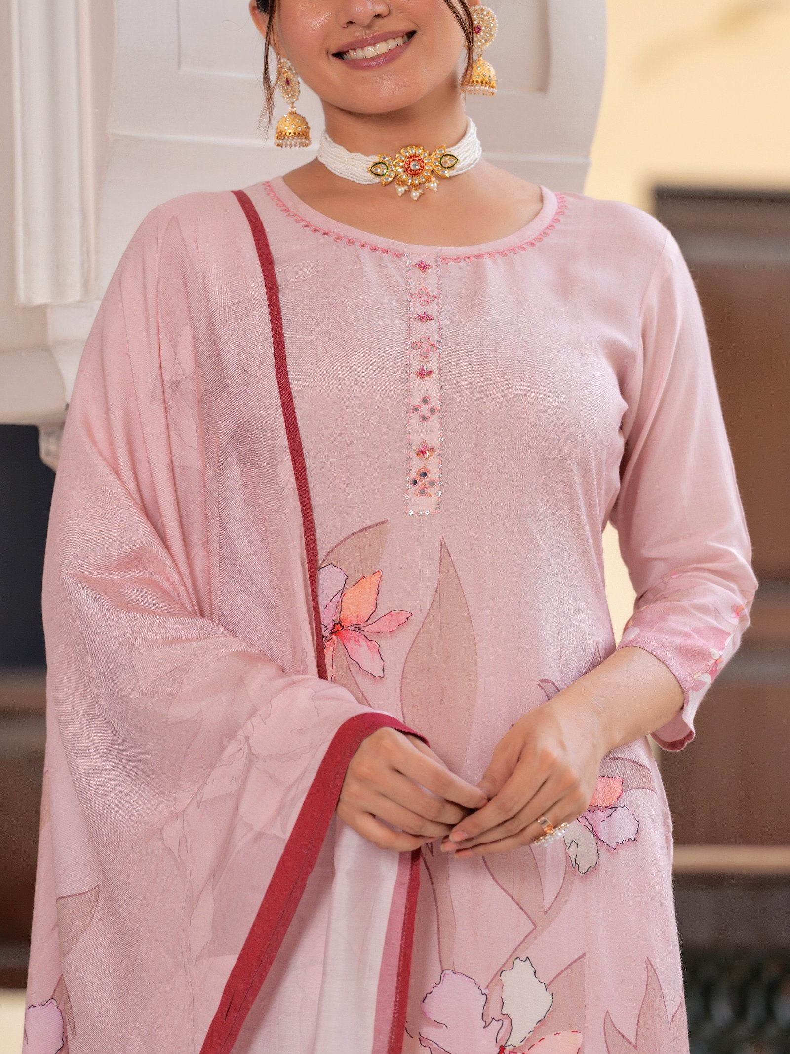 Peach Floral PLACEMENT PRINT MASLIN Kurta set