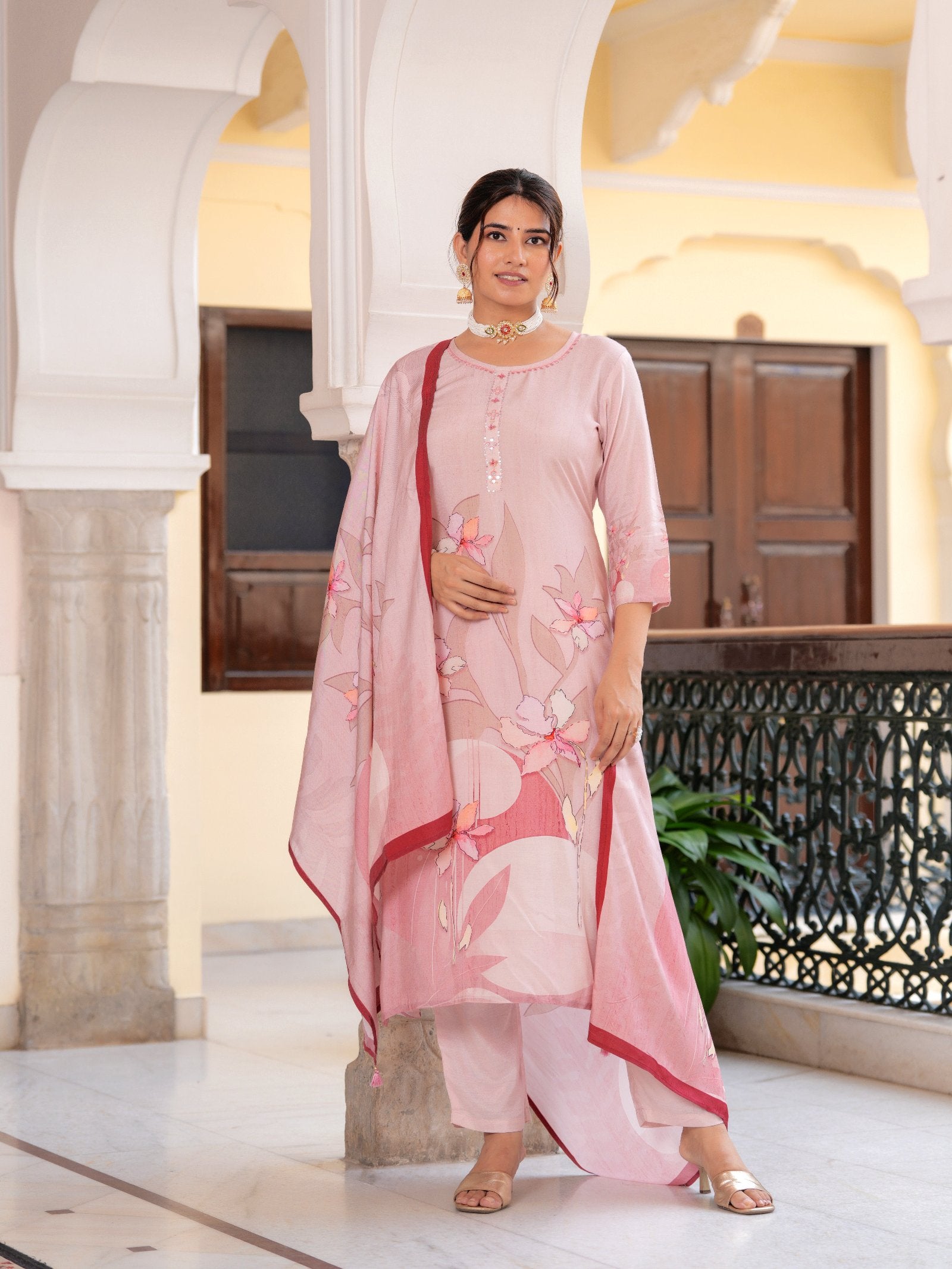 Peach Floral PLACEMENT PRINT MASLIN Kurta set