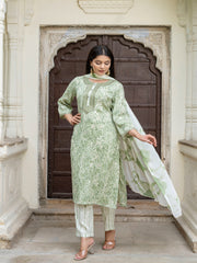 Maluka Women’s Capsule Foil Green & Peach Ethnic Kurta Set with Dupatta